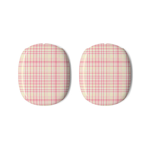 Pair of pink plaid AirPods Max ear pad covers, rounded protective shells