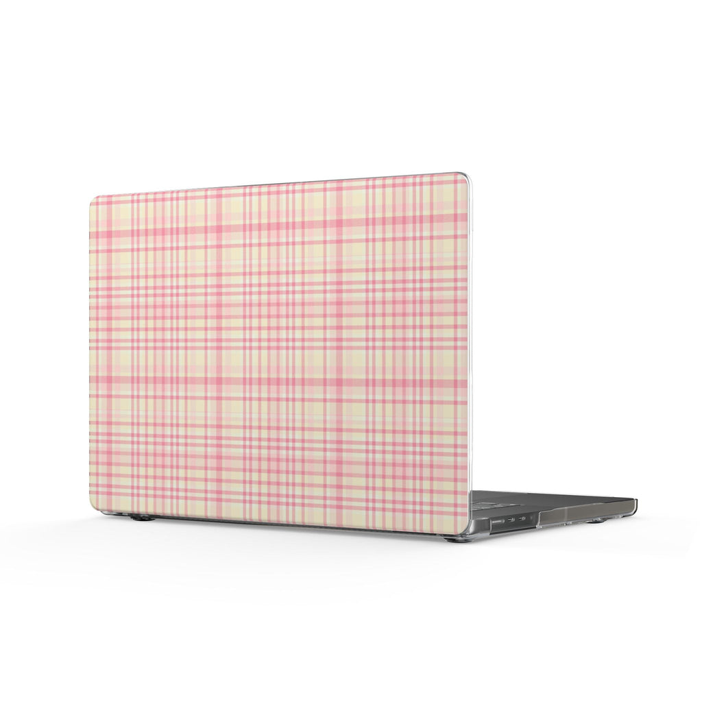 Sorbet plaid hard shell MacBook cover, pale pink grid with seamless corners