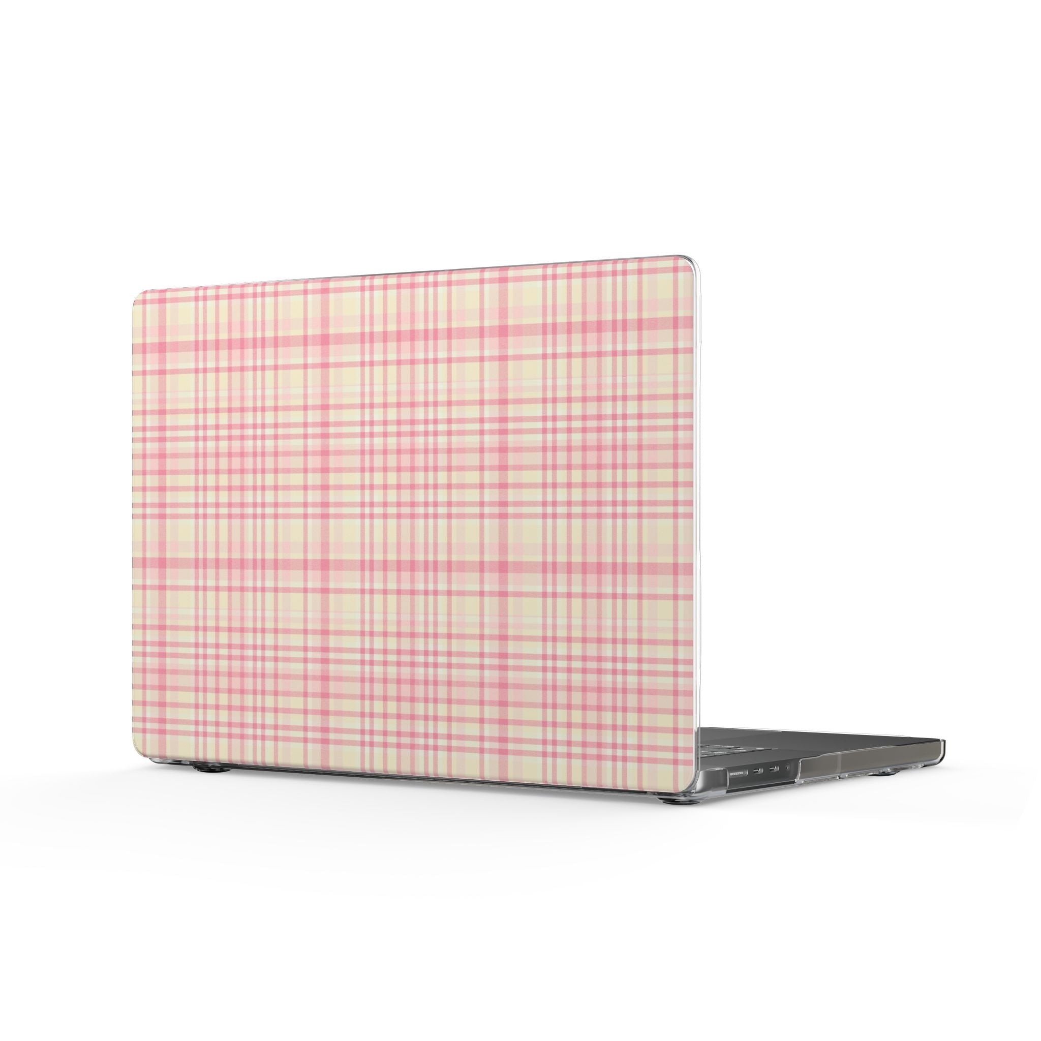 Sorbet plaid hard shell MacBook cover, pale pink grid with seamless corners