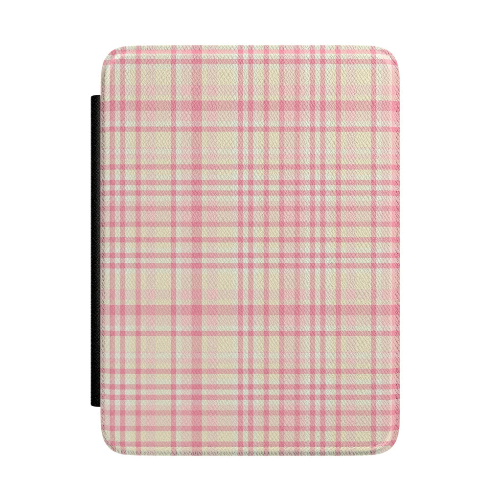 Sorbet plaid hardcover Kindle case with pink and cream fabric texture.