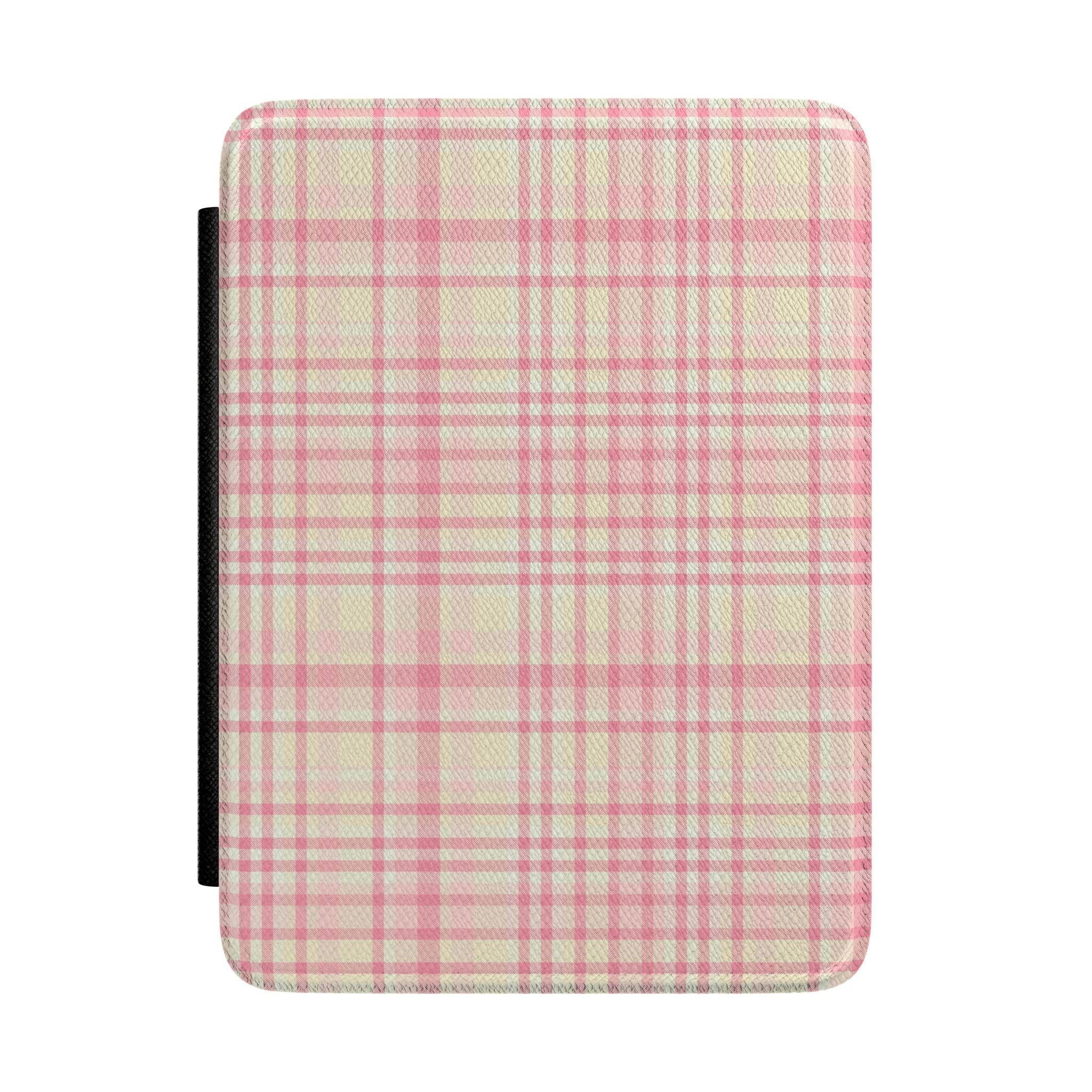 Sorbet plaid hardcover Kindle case with pink and cream fabric texture.