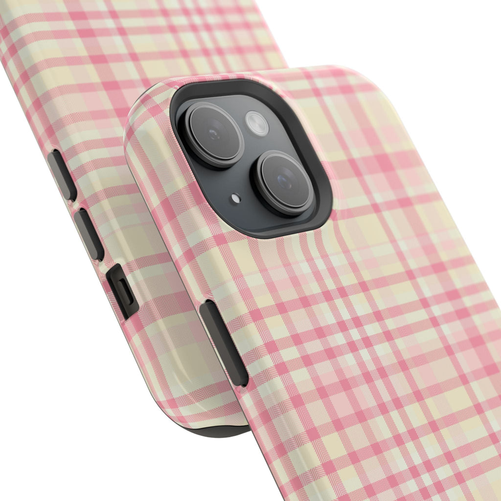 Pink plaid phone case, side buttons and camera module openings visible