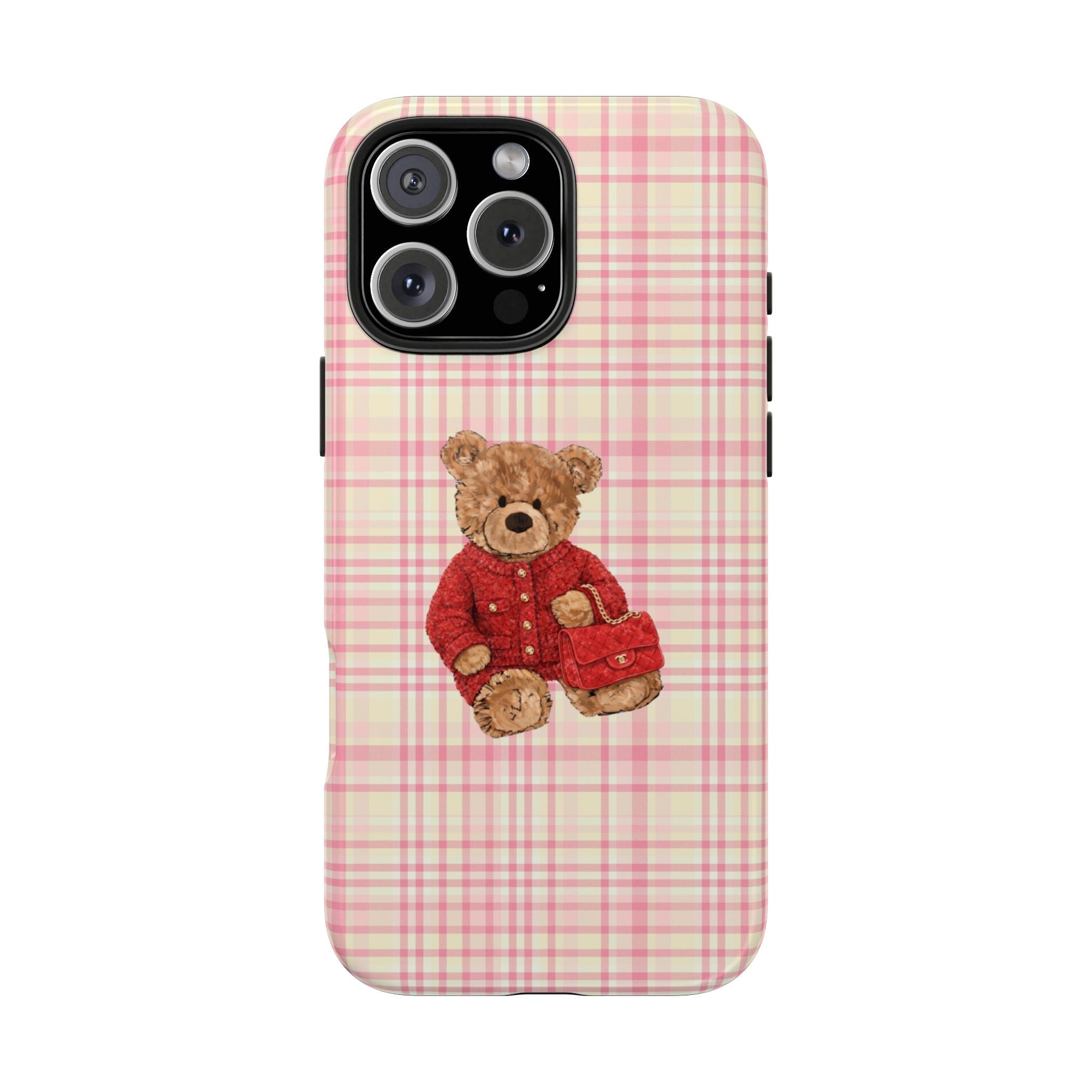 Plaid phone case with tan teddy bear in a red jacket, centered on the back
