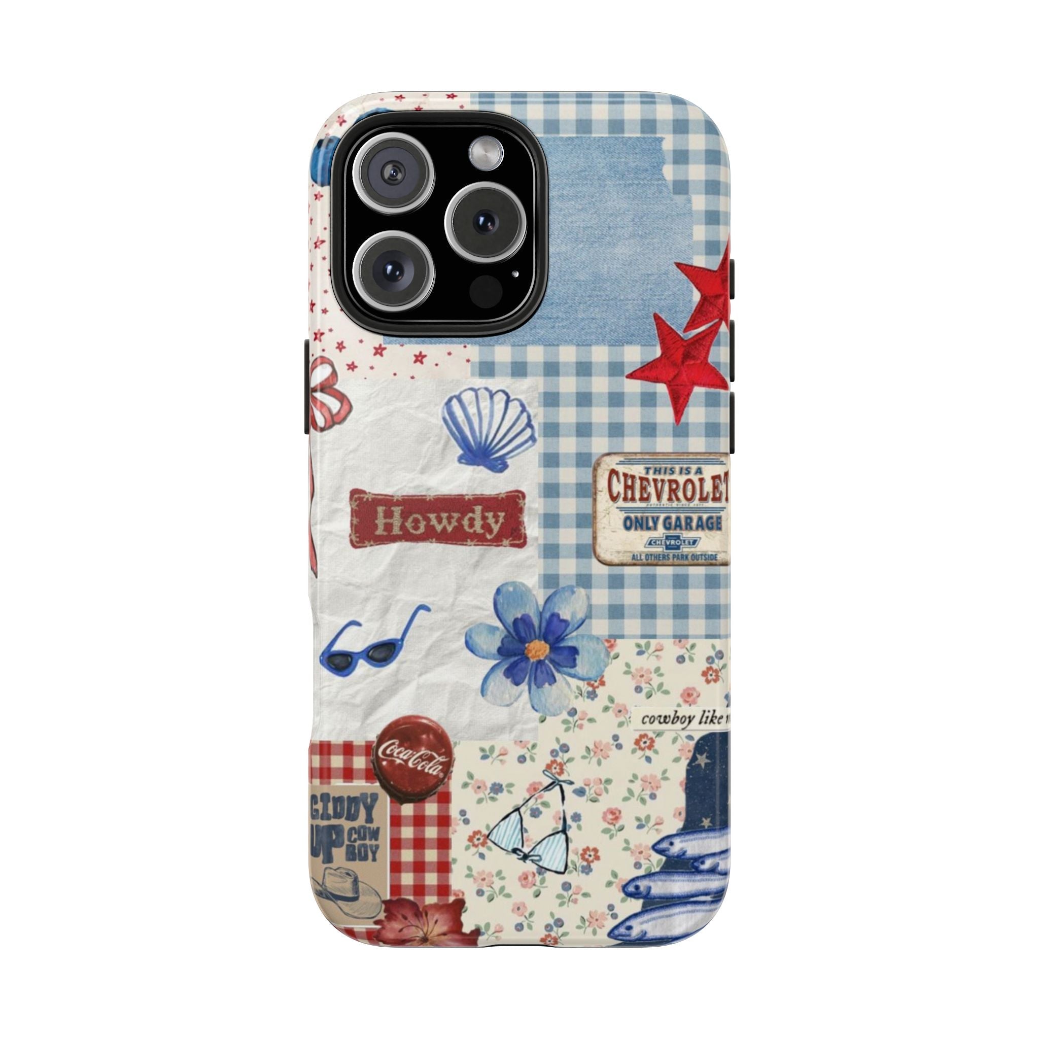 Summer cowboy phone case with blue gingham, stars, flowers, shell and 'Howdy' text