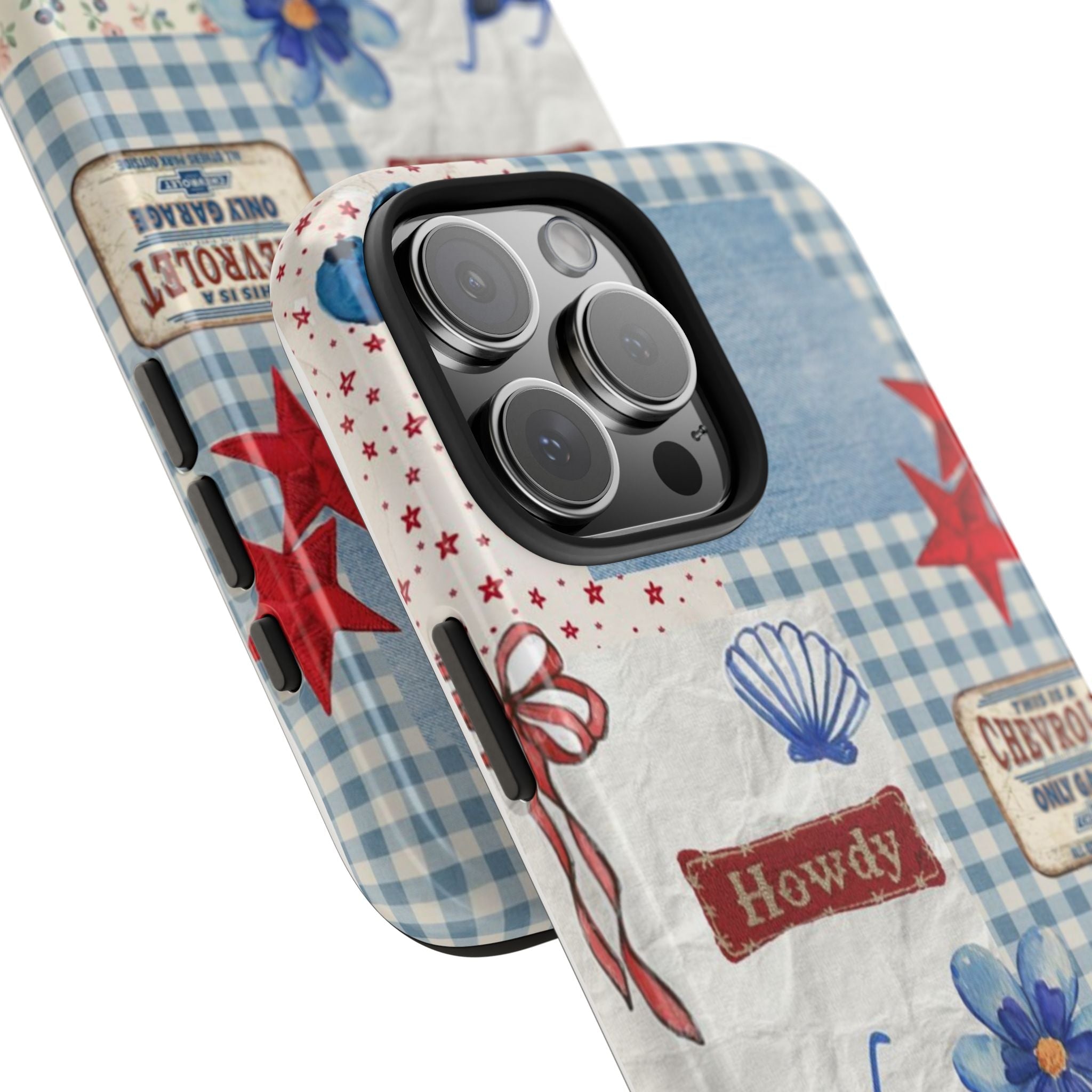 Angled summer cowboy phone case with shell, flowers, red stars and 'Howdy' patch near cameras