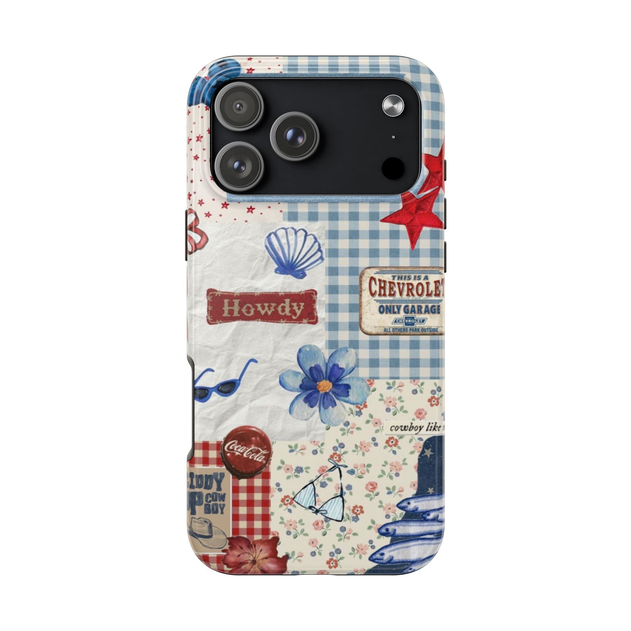 Phone case with 'Howdy' patch, red star, blue gingham and floral pattern; camera cutouts