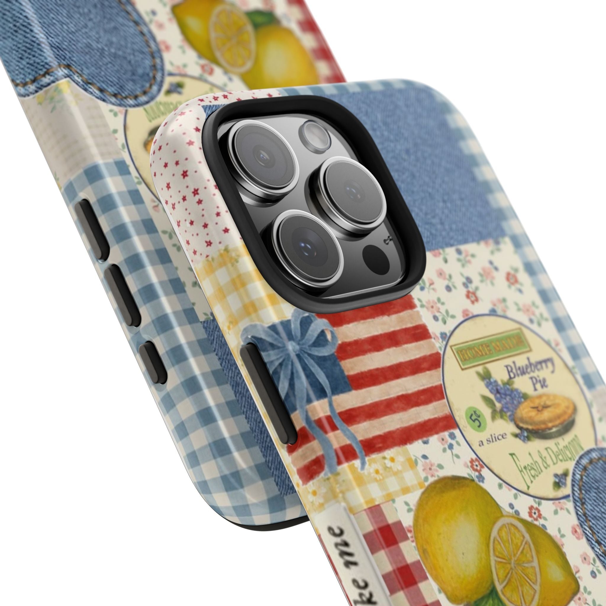 Americana summer phone case close-up: denim patch, gingham, bow, blueberry pie badge