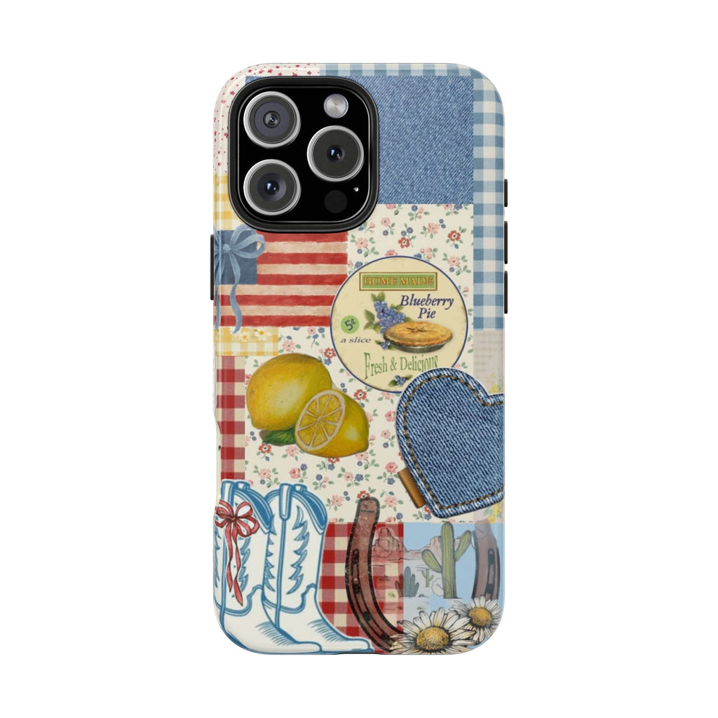 Americana summer phone case with denim blue, red stripes, lemon, blueberry pie, heart