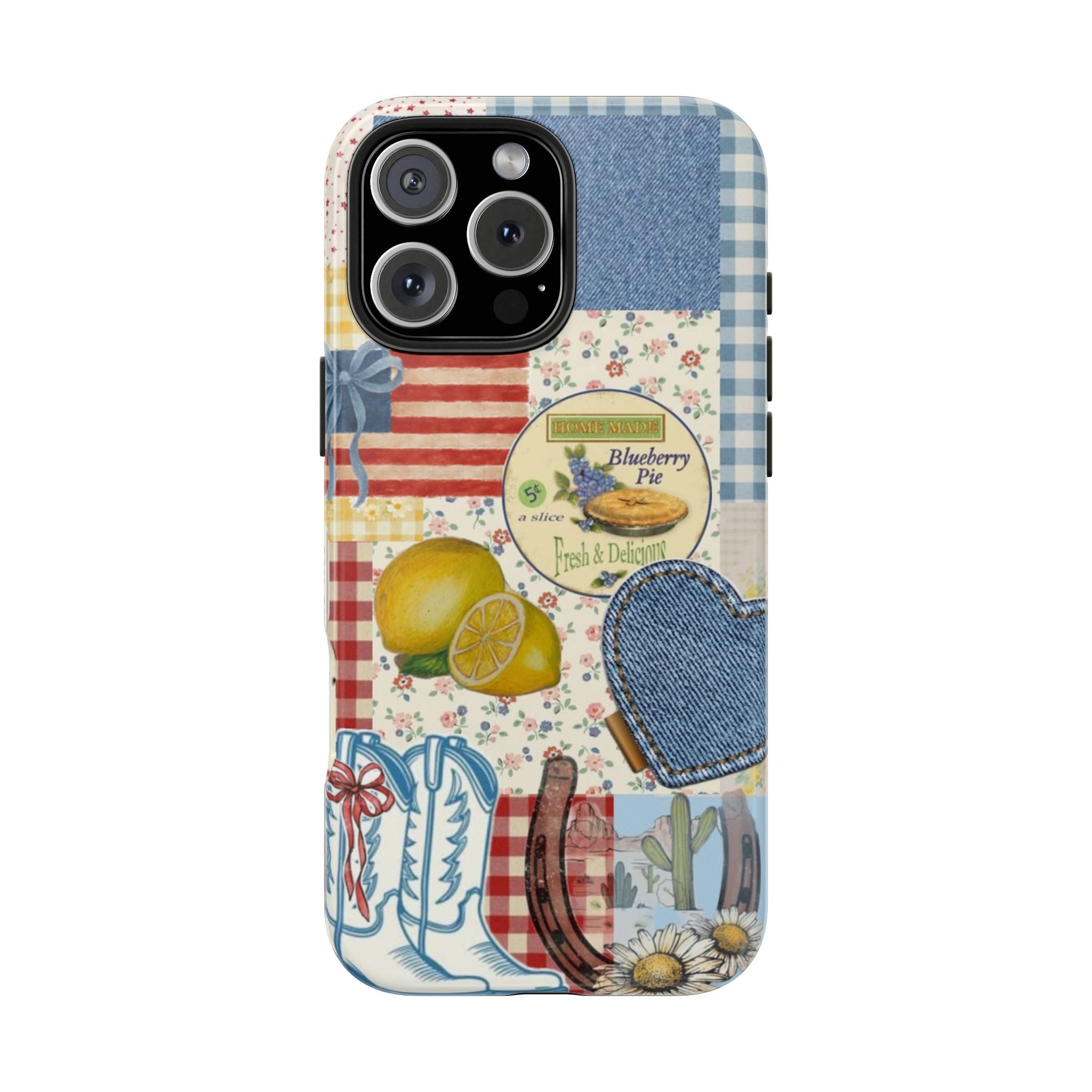 Americana summer phone case with denim blue, red stripes, lemon, blueberry pie, heart