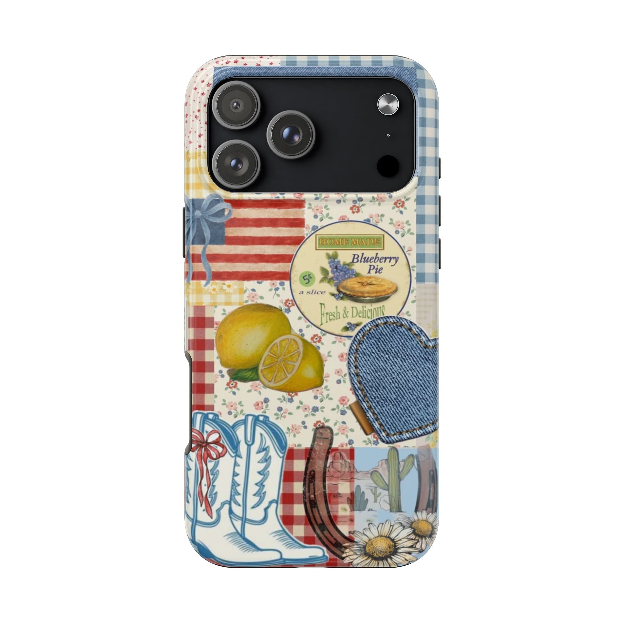 Americana summer phone case view with denim and stars, red stripes, lemon, daisy, pie