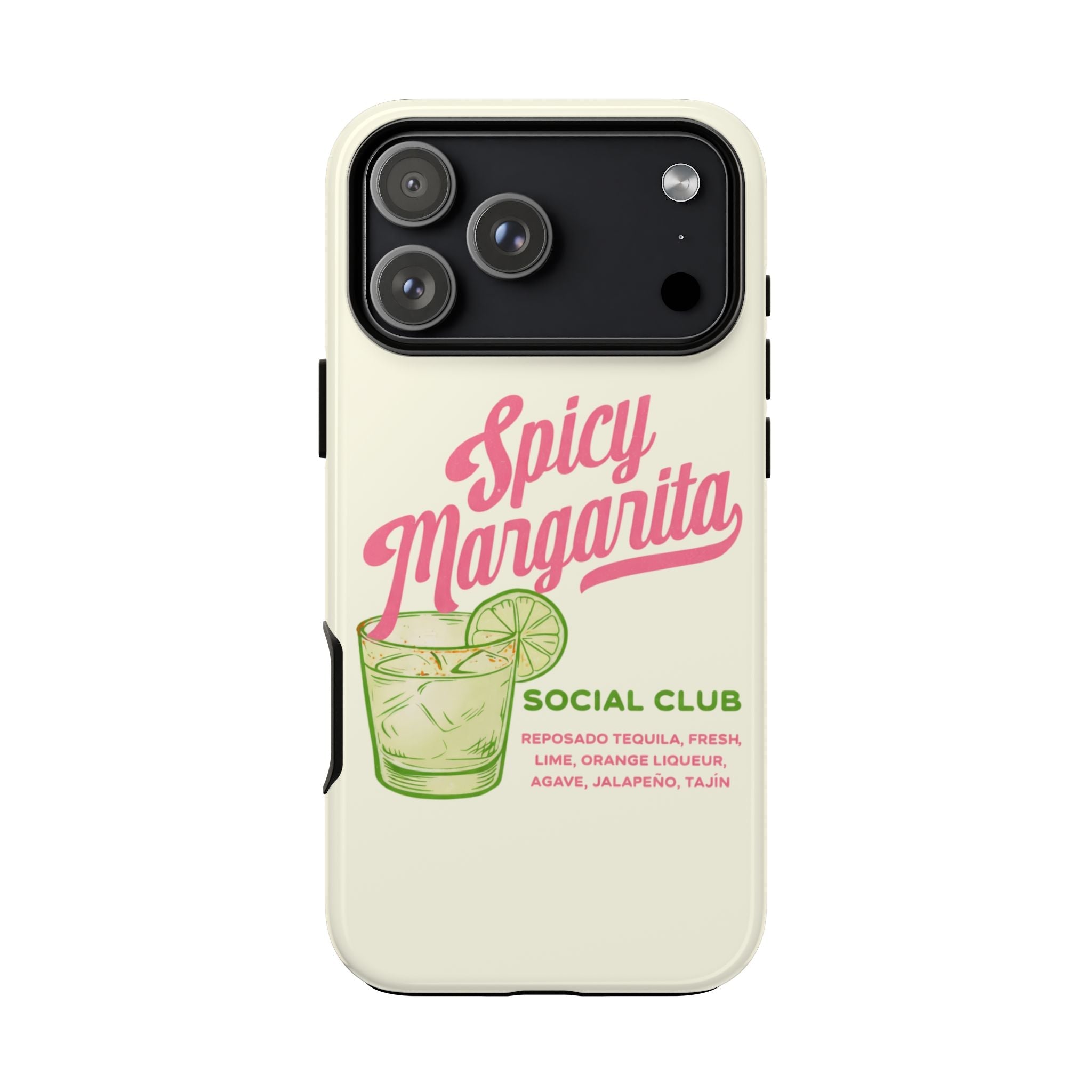Cream Spicy Margarita phone case, social club text and lime drink design, camera openings
