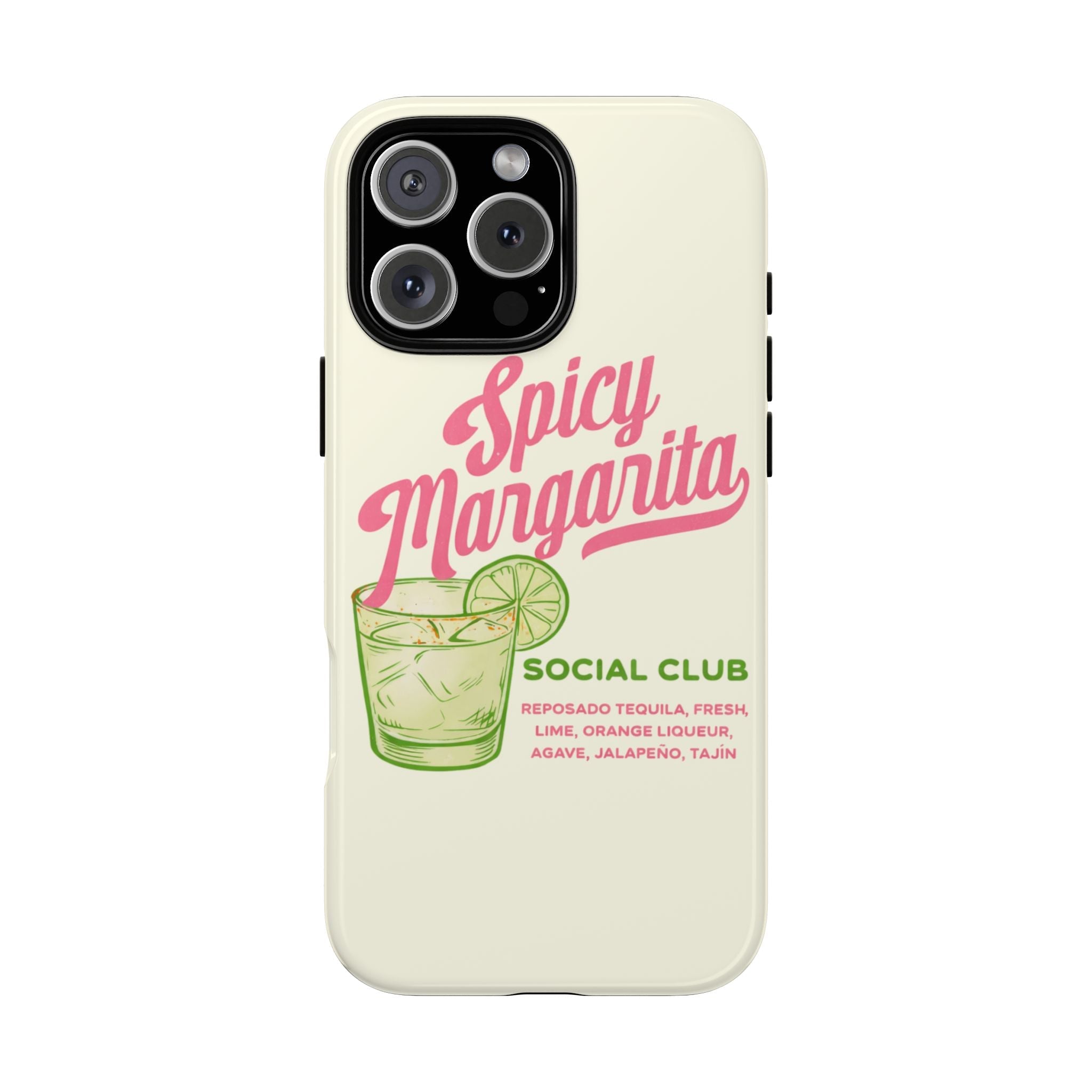 Cream phone case with Spicy Margarita graphic, lime drink illustration, camera cutouts