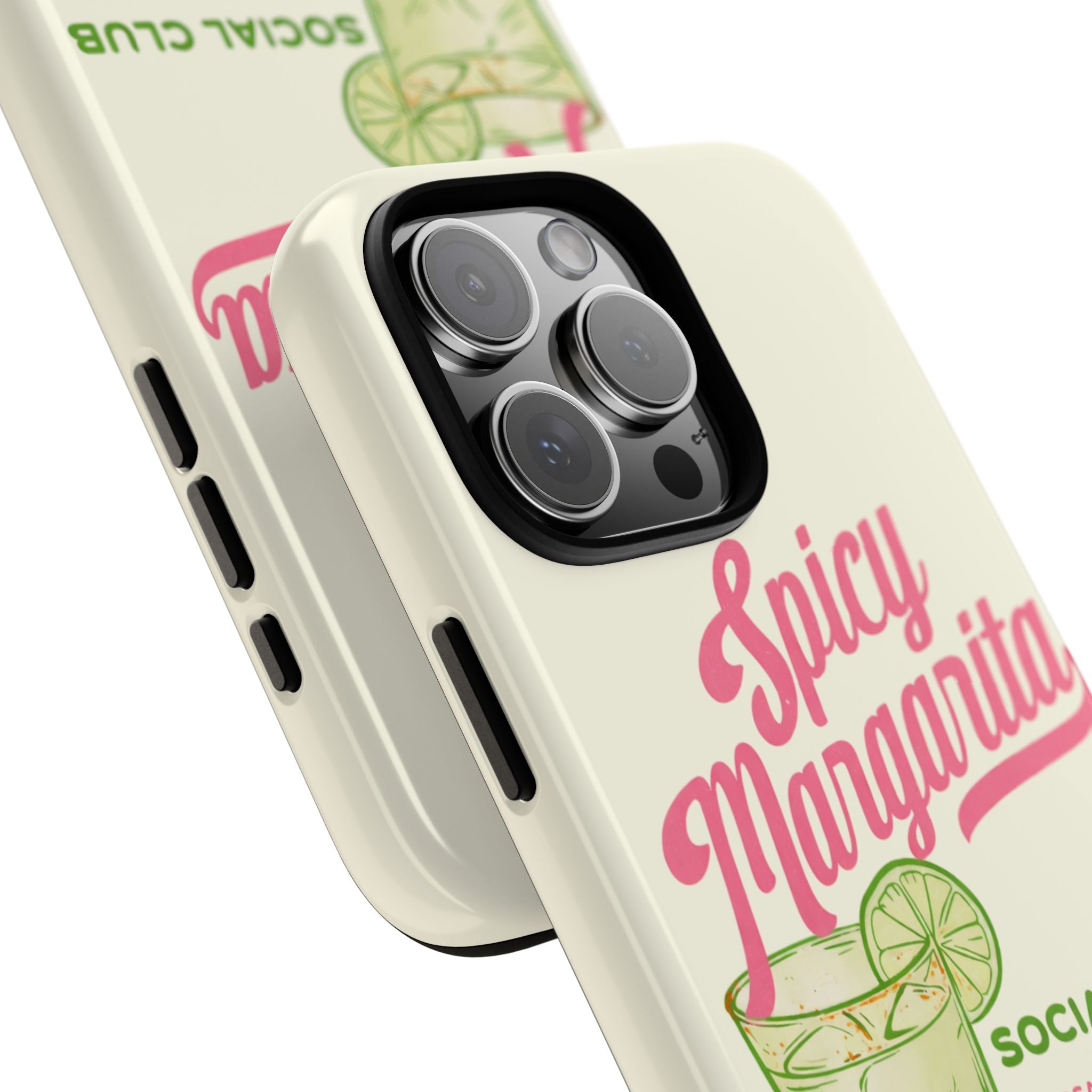 Side view of cream Spicy Margarita phone case with lime drink art and side button cutouts