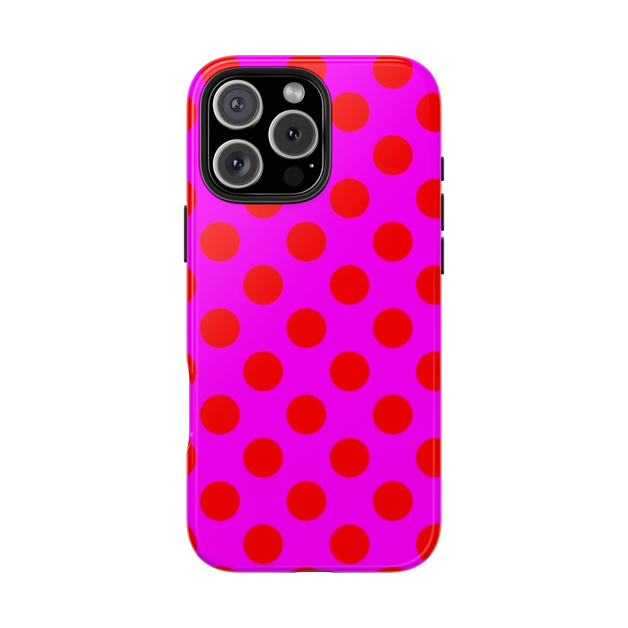 Pink phone case with red polka dots, front camera area cutouts, sleek protective edges