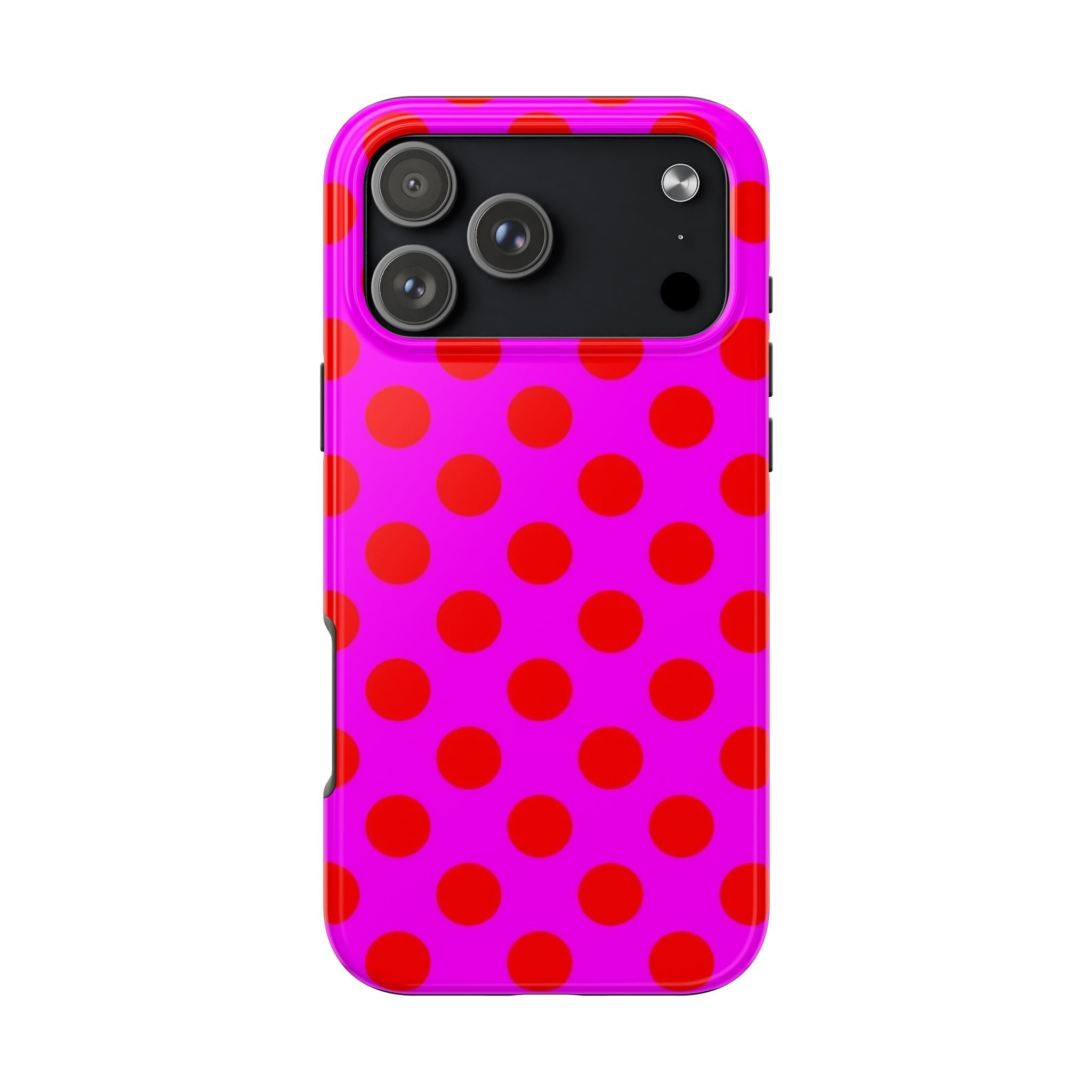 Back view pink phone case with red polka dots, raised camera cutout and flash opening