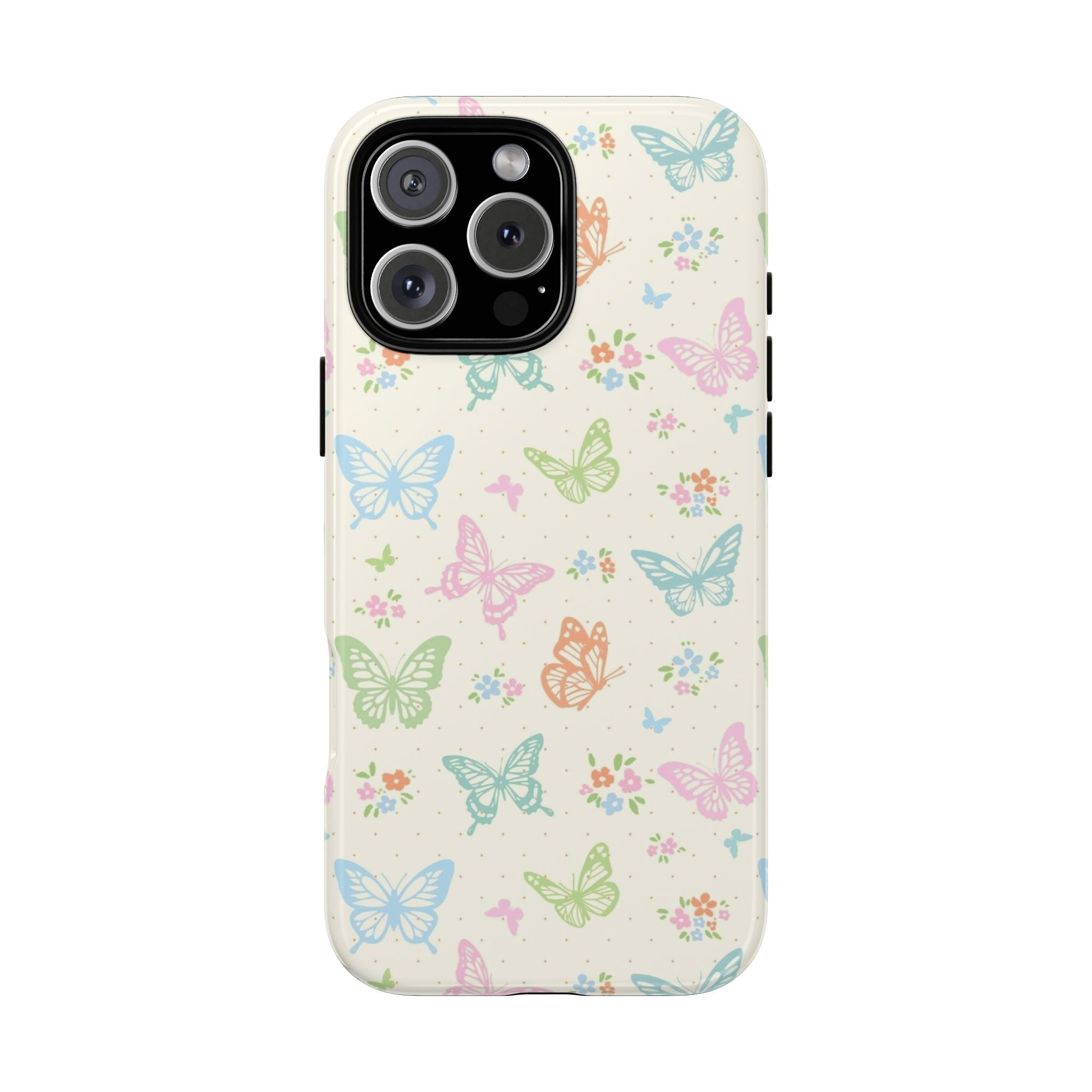 Pastel butterfly print phone case on light background with camera cutout