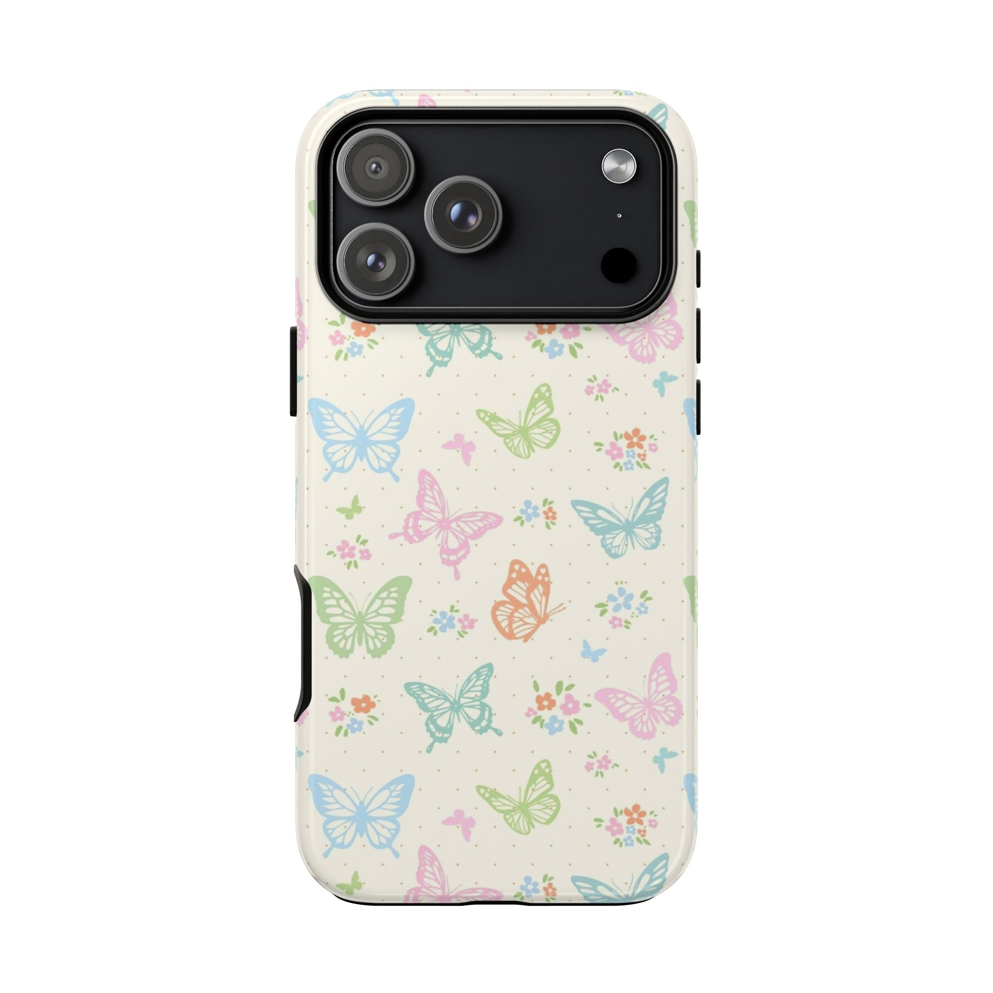 Light phone case with pastel butterflies and flowers, camera module and side buttons