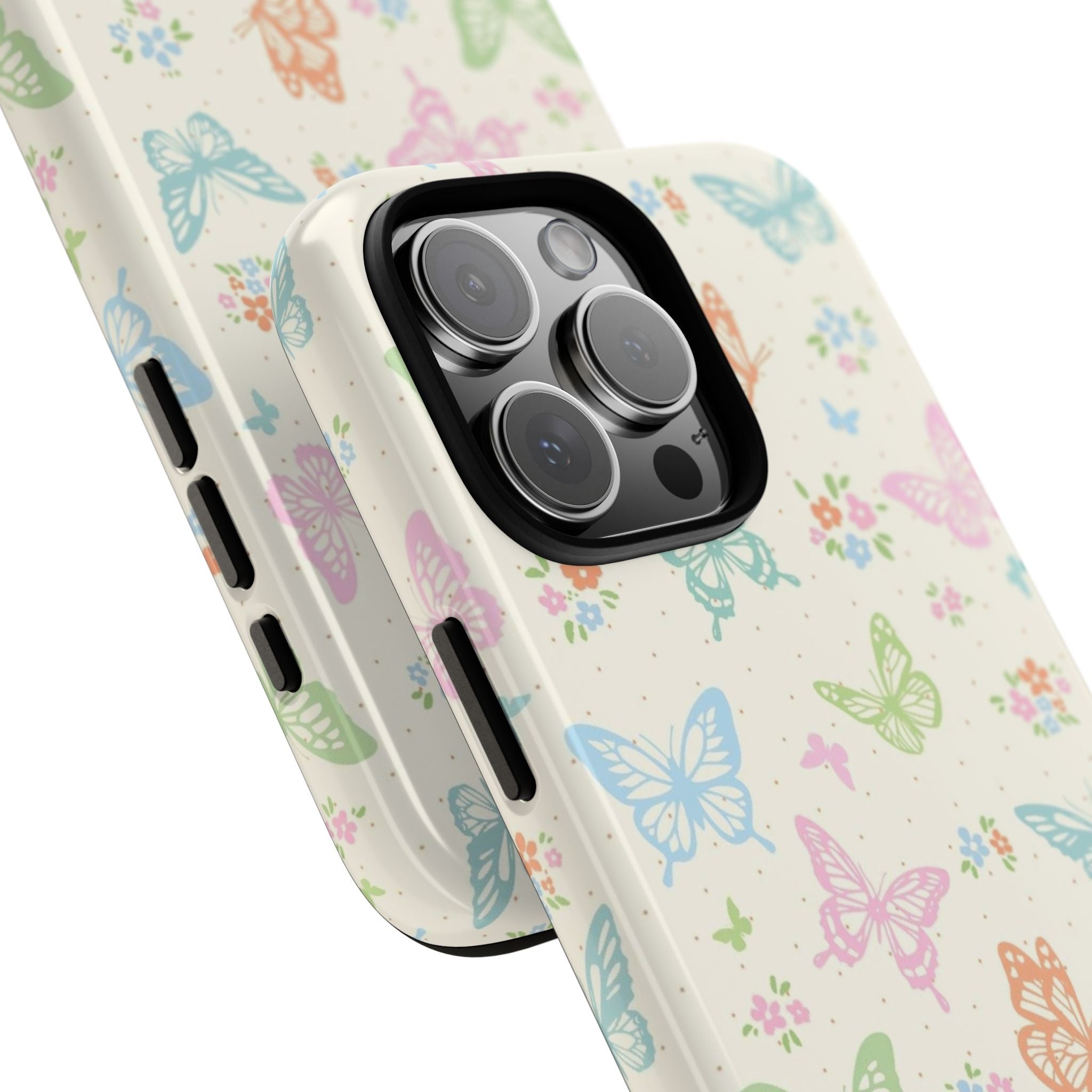 Pastel butterfly phone case at angle, raised camera lens and side cutouts visible