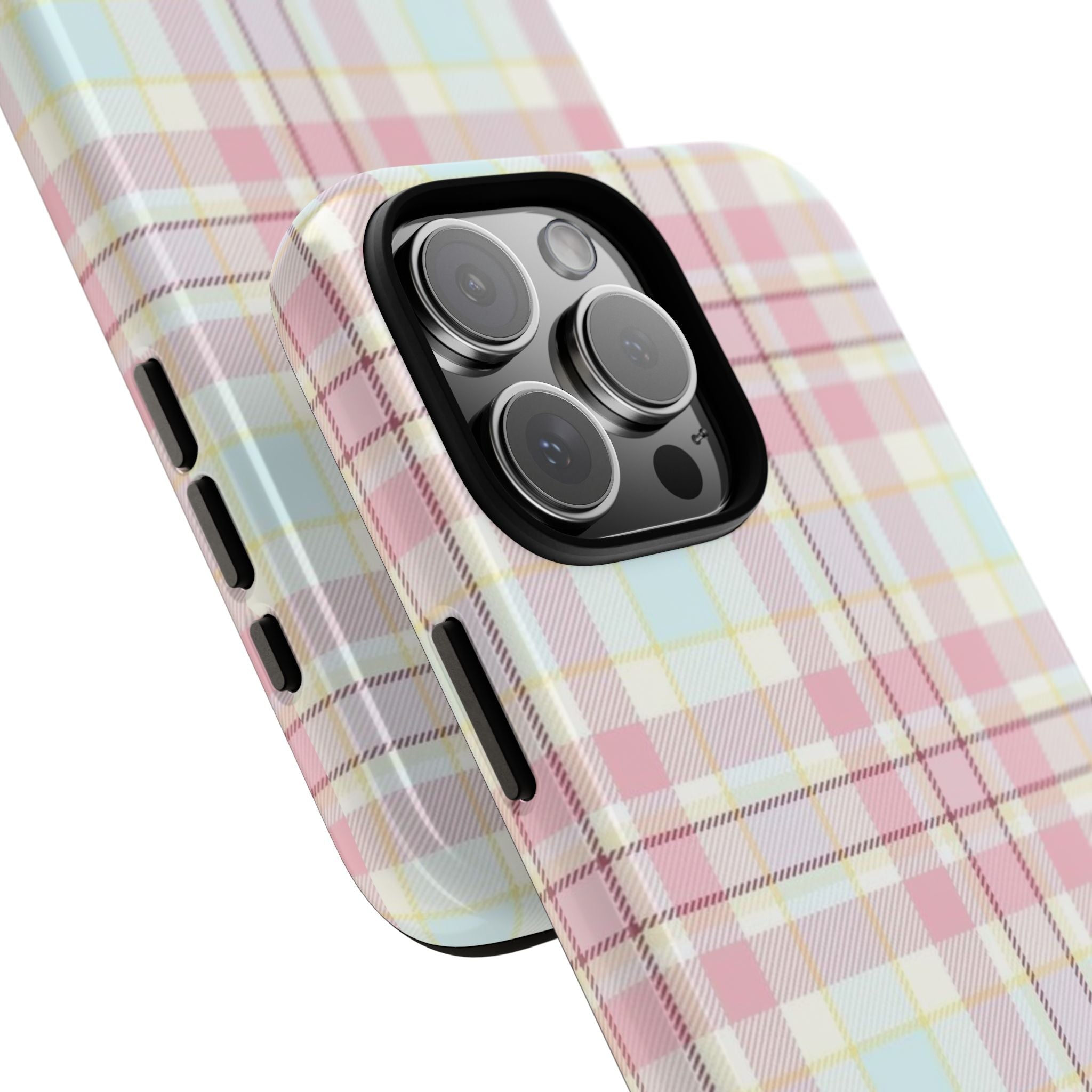 Pastel plaid flannel phone case angled view showing camera cover and side cutouts