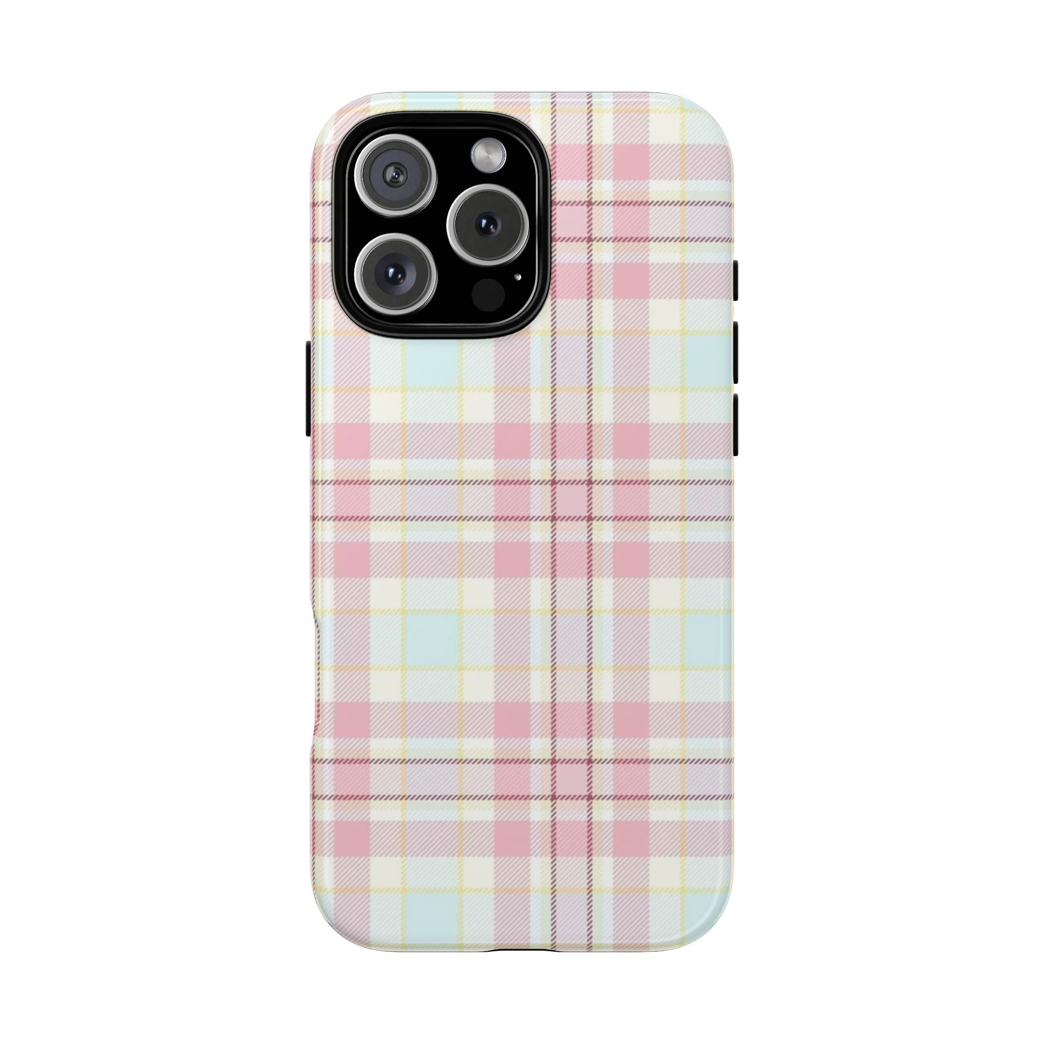 Pastel plaid flannel phone case with stitched pattern and cutout around camera lenses