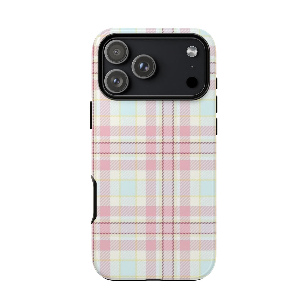Pastel plaid flannel phone case view of camera cutout and side button openings