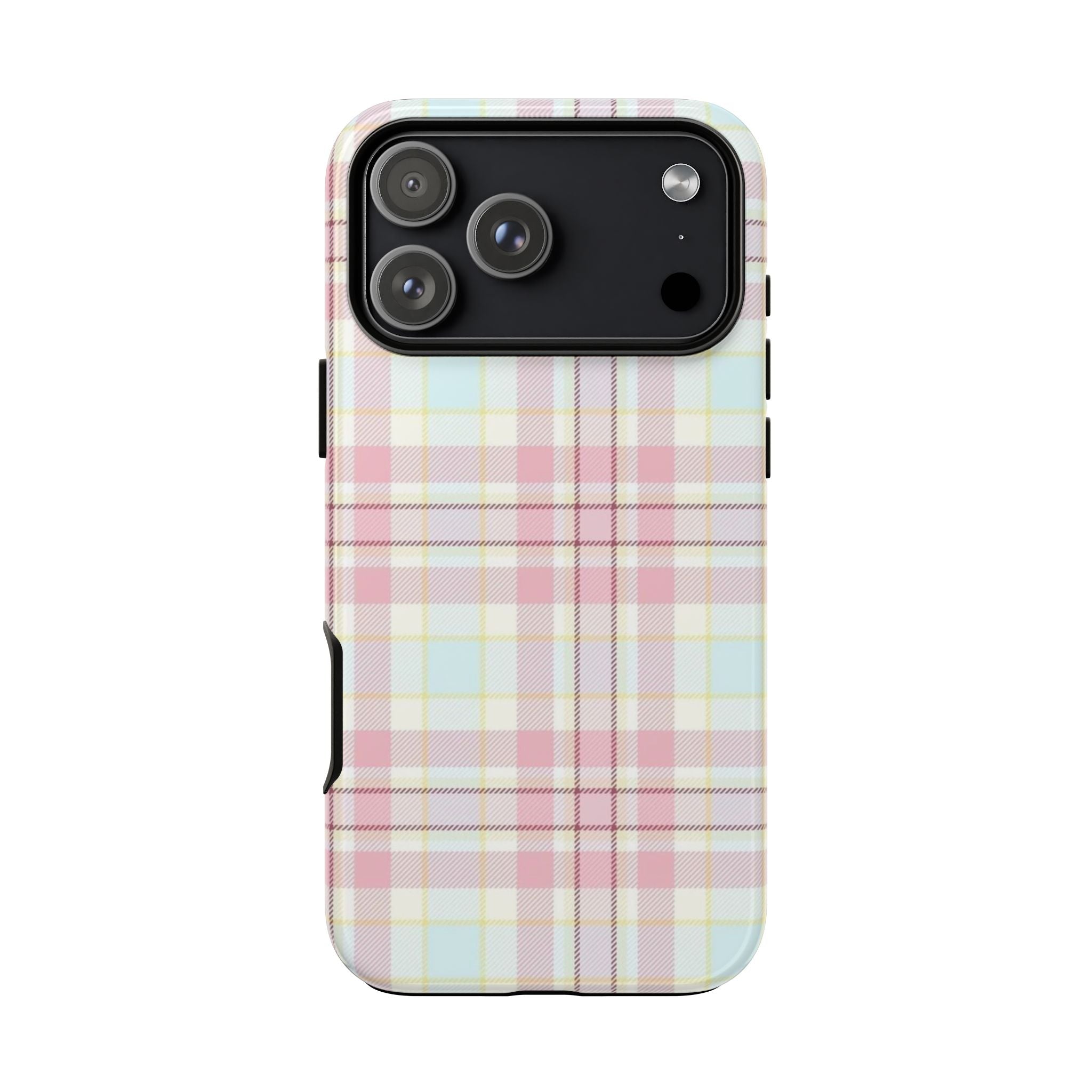 Pastel plaid flannel phone case view of camera cutout and side button openings