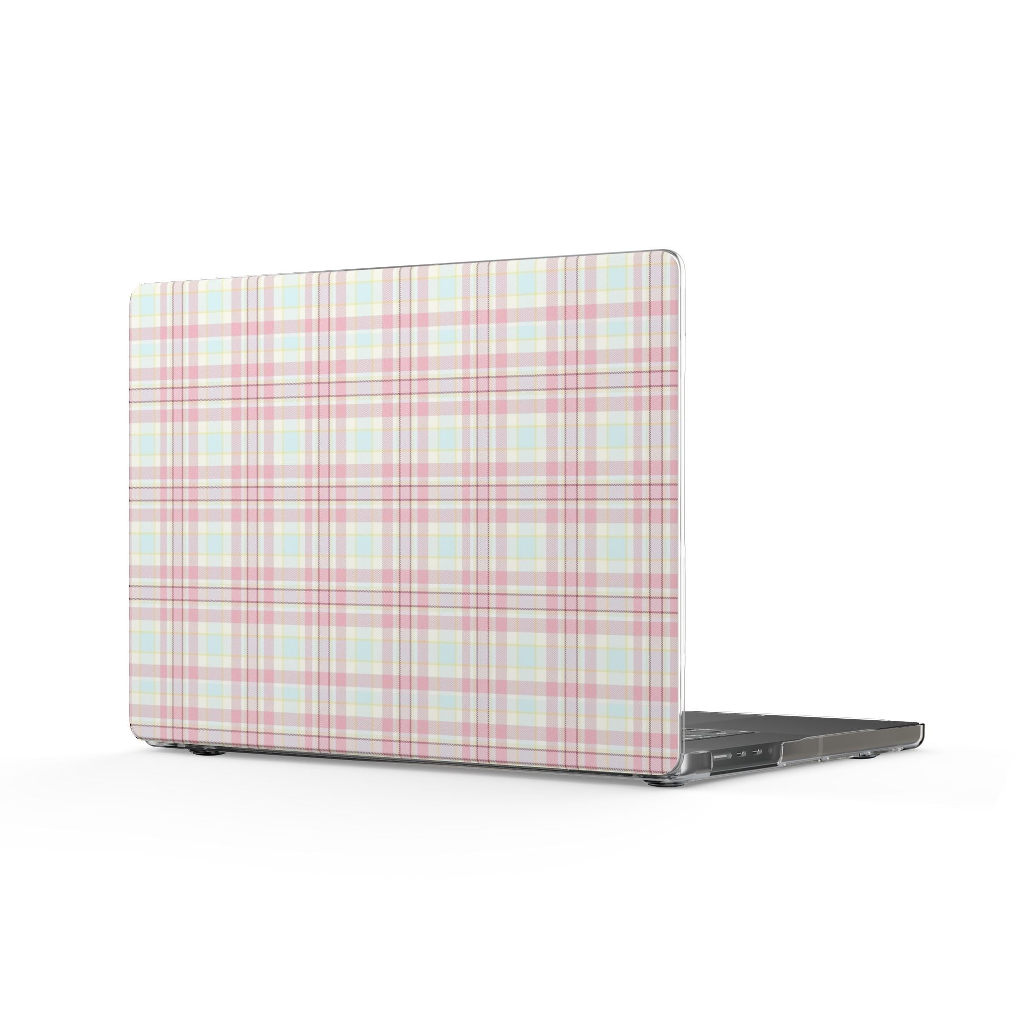 Pastel plaid hard shell MacBook cover with open hinge cutout