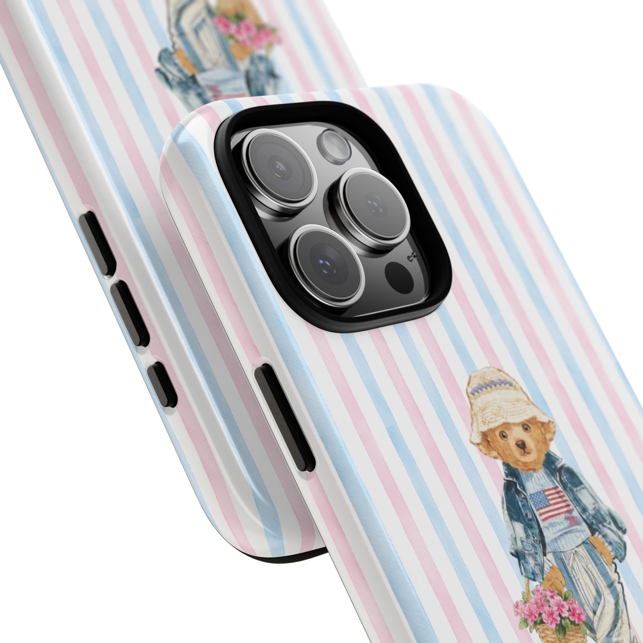 Side view striped phone case with teddy bear illustration near camera cutout