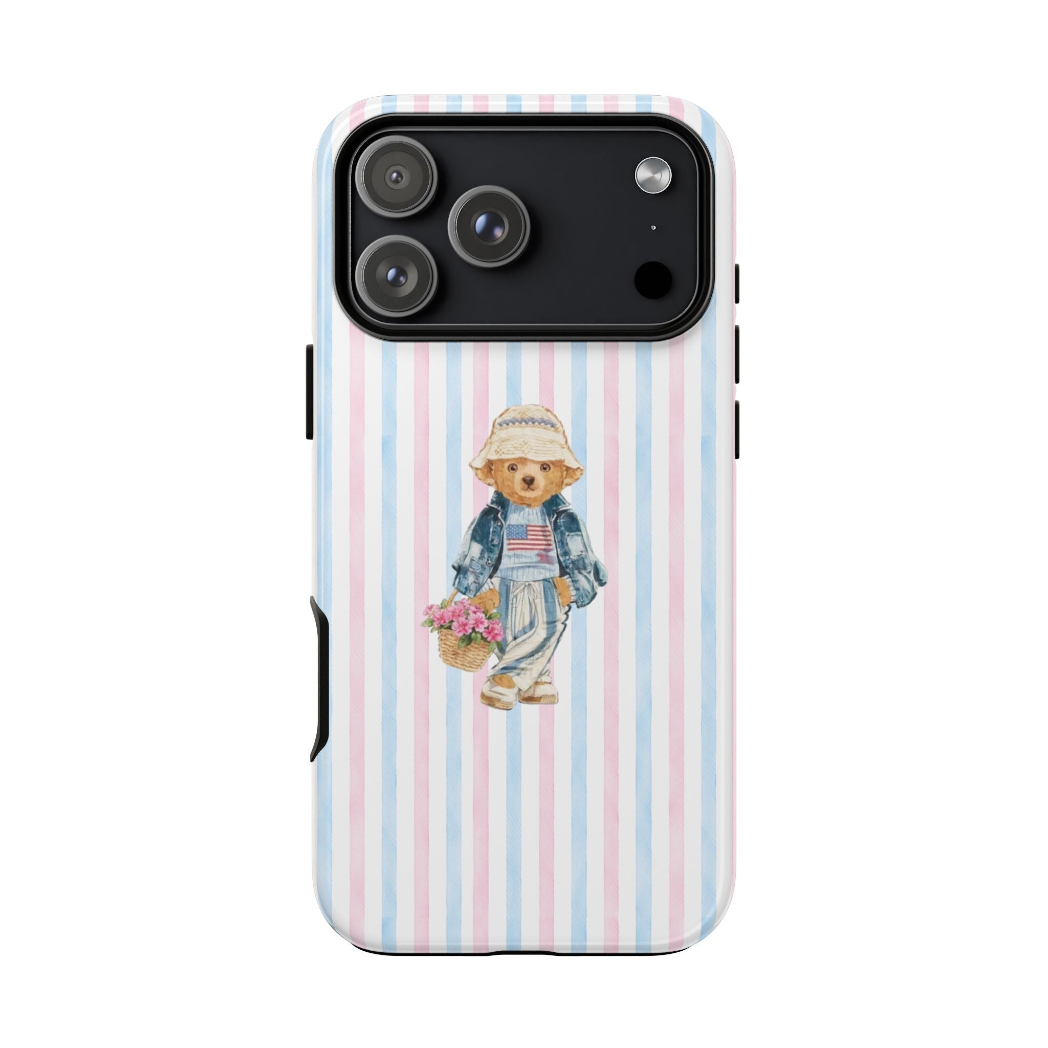 Pink and blue vertical stripe phone case with teddy bear wearing hat and overalls