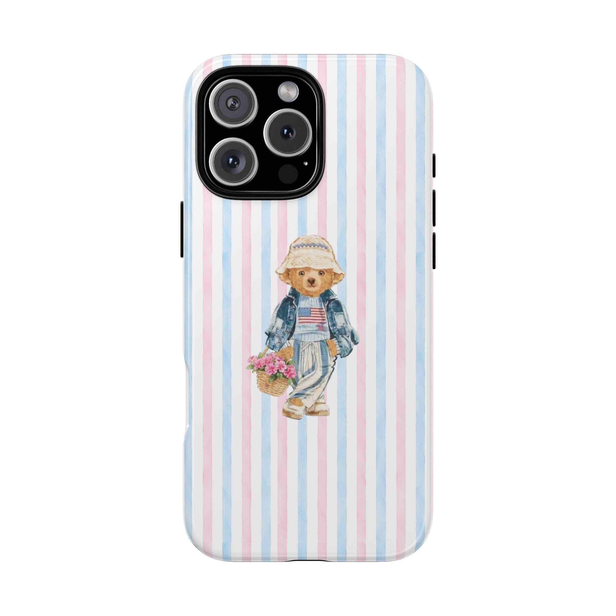 Pastel pink and blue striped phone case with teddy bear in denim holding flowers