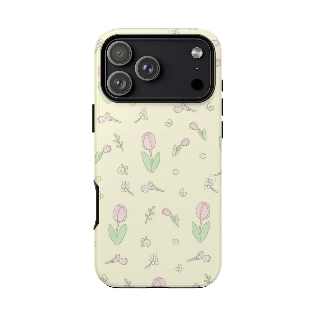 Light cream floral phone case, pink tulips pattern; large rear camera openings