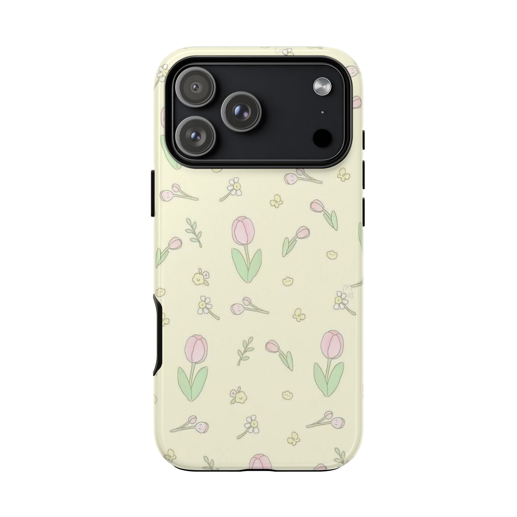 Light cream floral phone case, pink tulips pattern; large rear camera openings