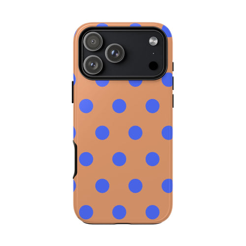 Polka dot phone case with tan background and blue dots; camera cutout on back.