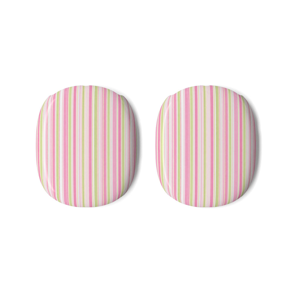 Pair of AirPods Max ear cushion covers with vertical multicolor stripes