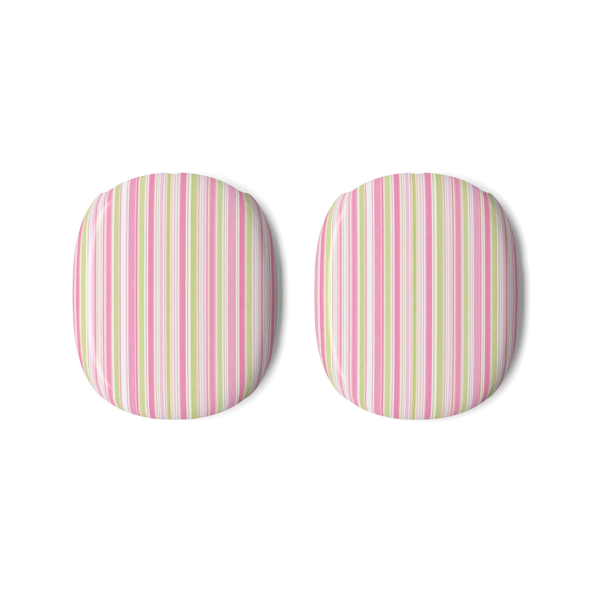 Pair of AirPods Max ear cushion covers with vertical multicolor stripes