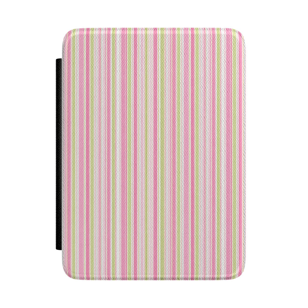 Hardcover Kindle case with vertical pink, green, and white stripes and black side strap