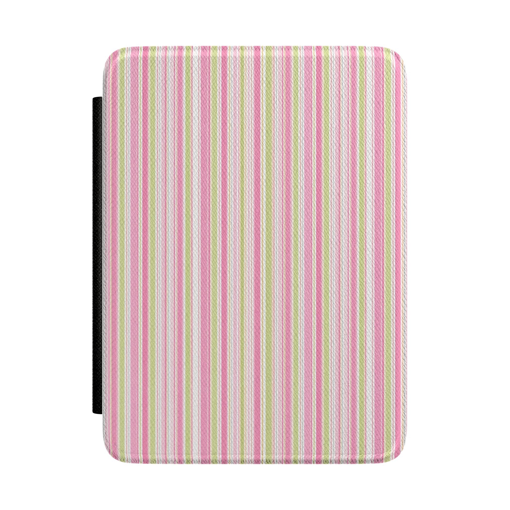 Hardcover Kindle case with vertical pink, green, and white stripes and black side strap