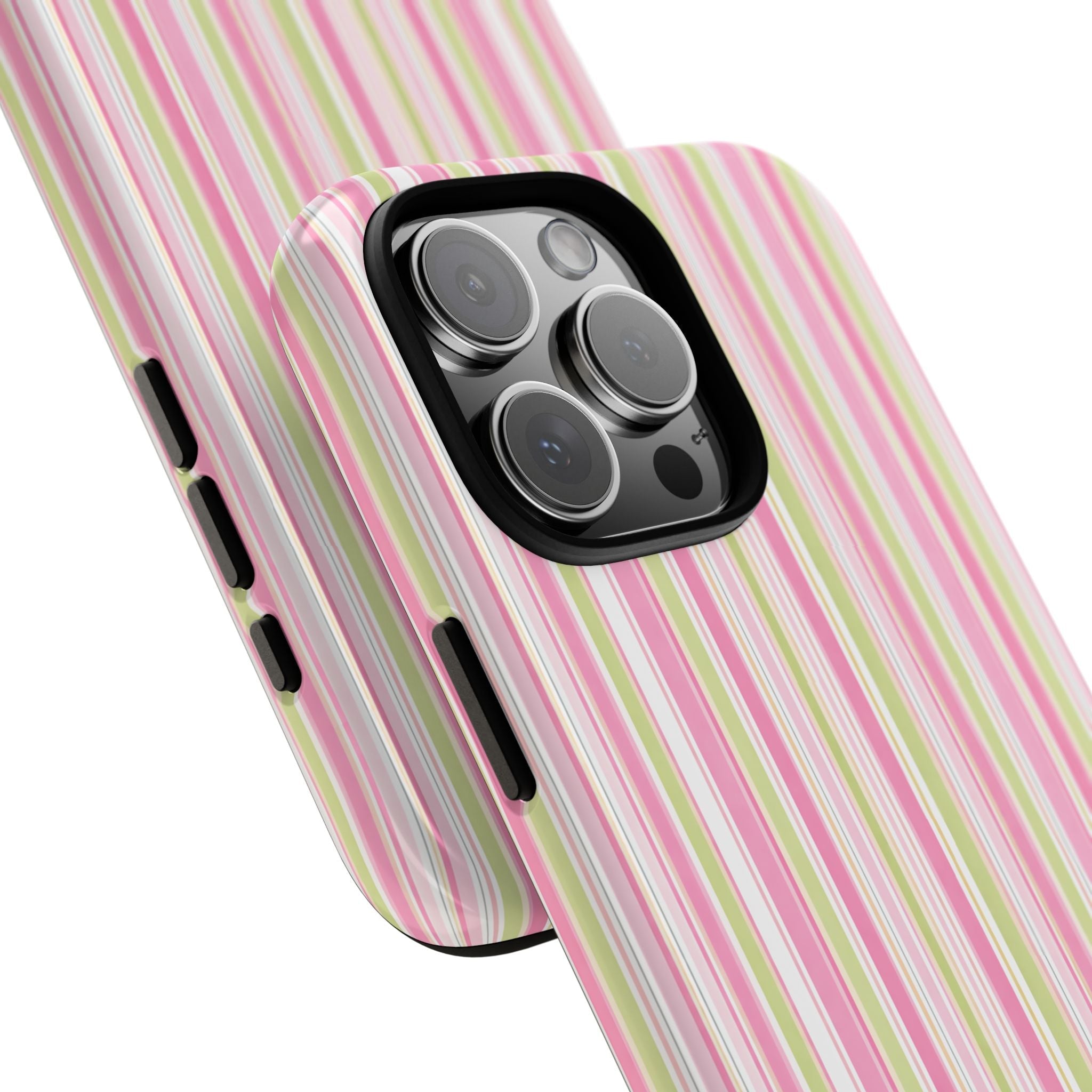 ST. BARTHS Stripes phone case, pink/yellow/green vertical stripes, side button openings