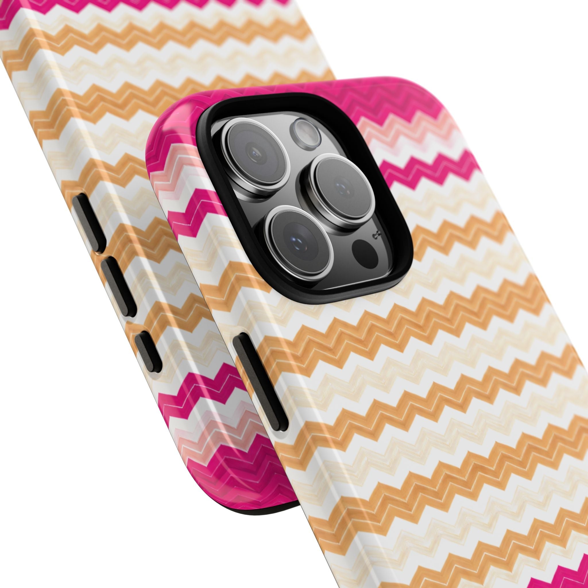 Chevron phone case with pink edges and orange/white zigzag stripes, showing lens cutout details