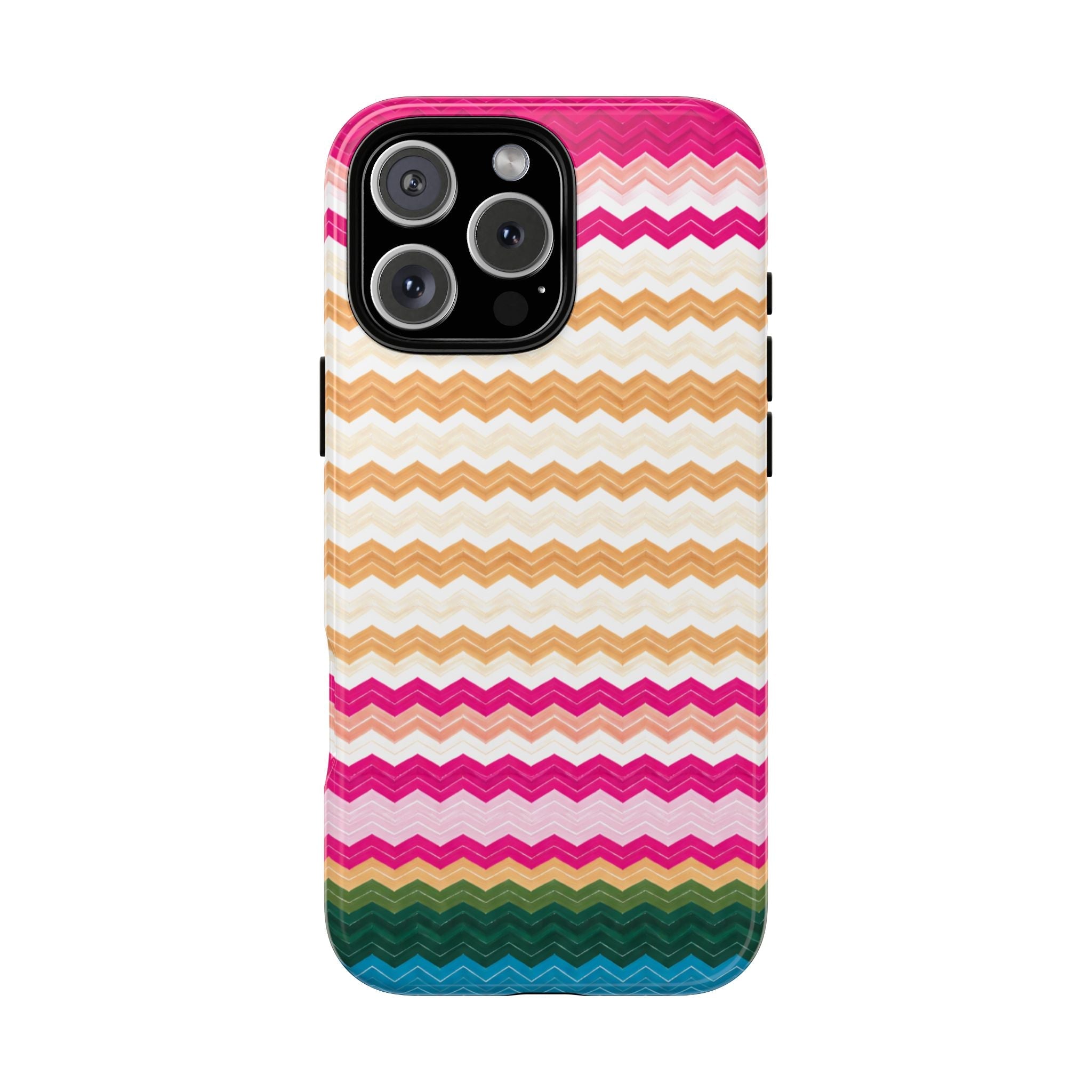 Phone case with colorful chevron stripes (pink, orange, white, teal) and camera cutout