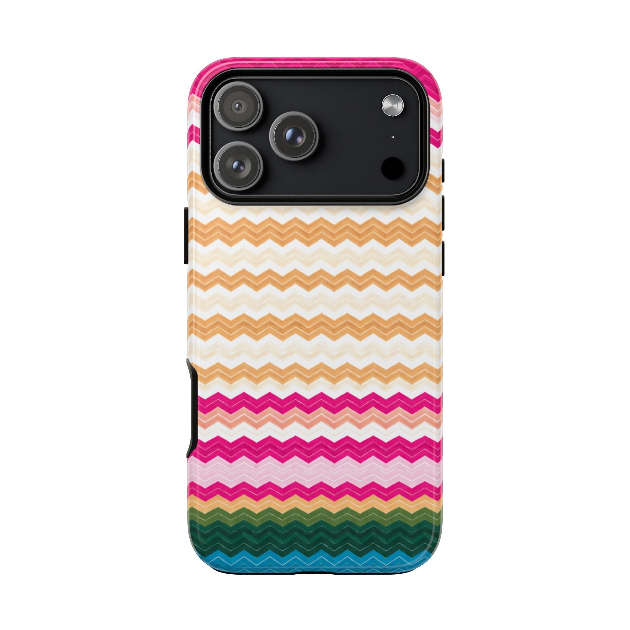 Chevron phone case with pink edges, zigzag stripes, black camera panel, and side button cutouts