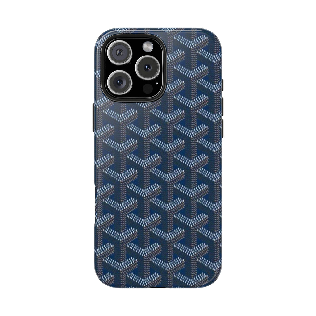 Phone case steel blue with Goyard-style geometric pattern and camera cutouts
