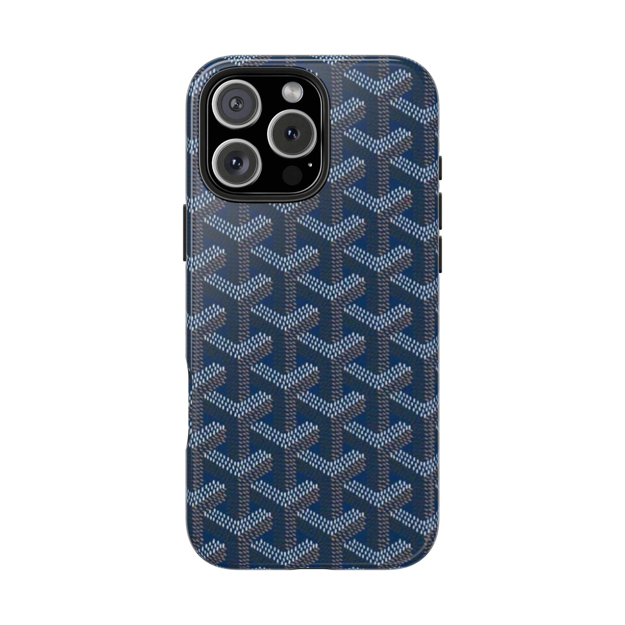 Phone case steel blue with Goyard-style geometric pattern and camera cutouts