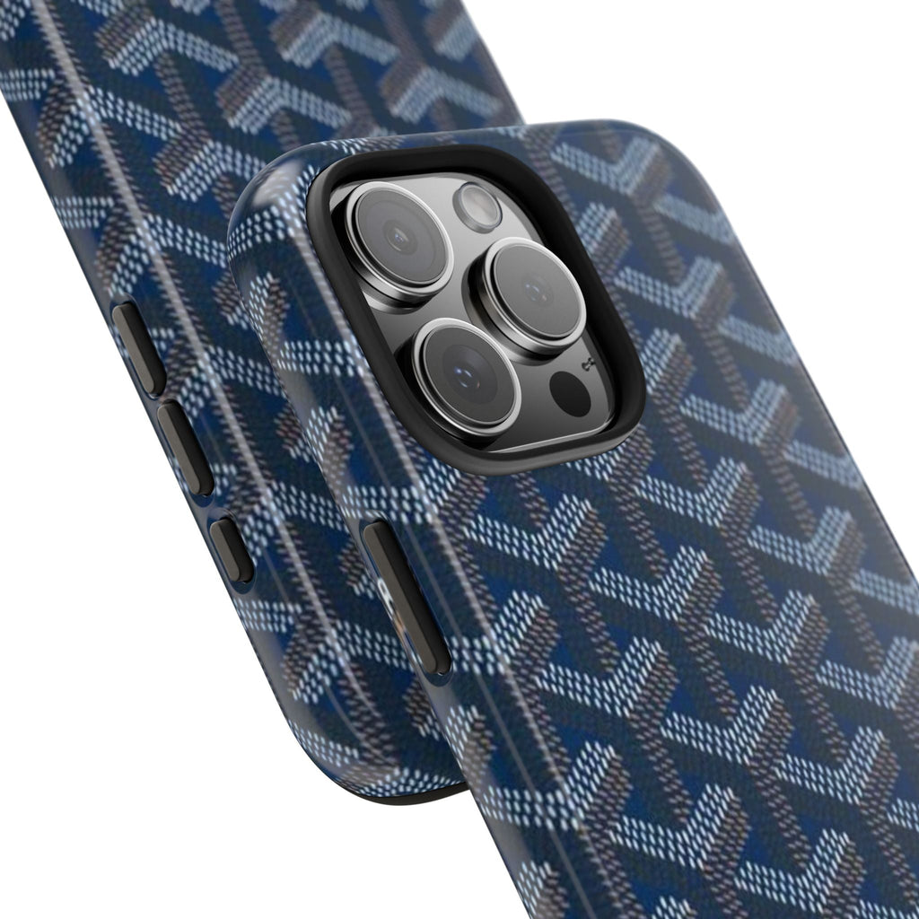 Phone case steel blue with Goyard-style pattern, side button cutouts and camera lenses
