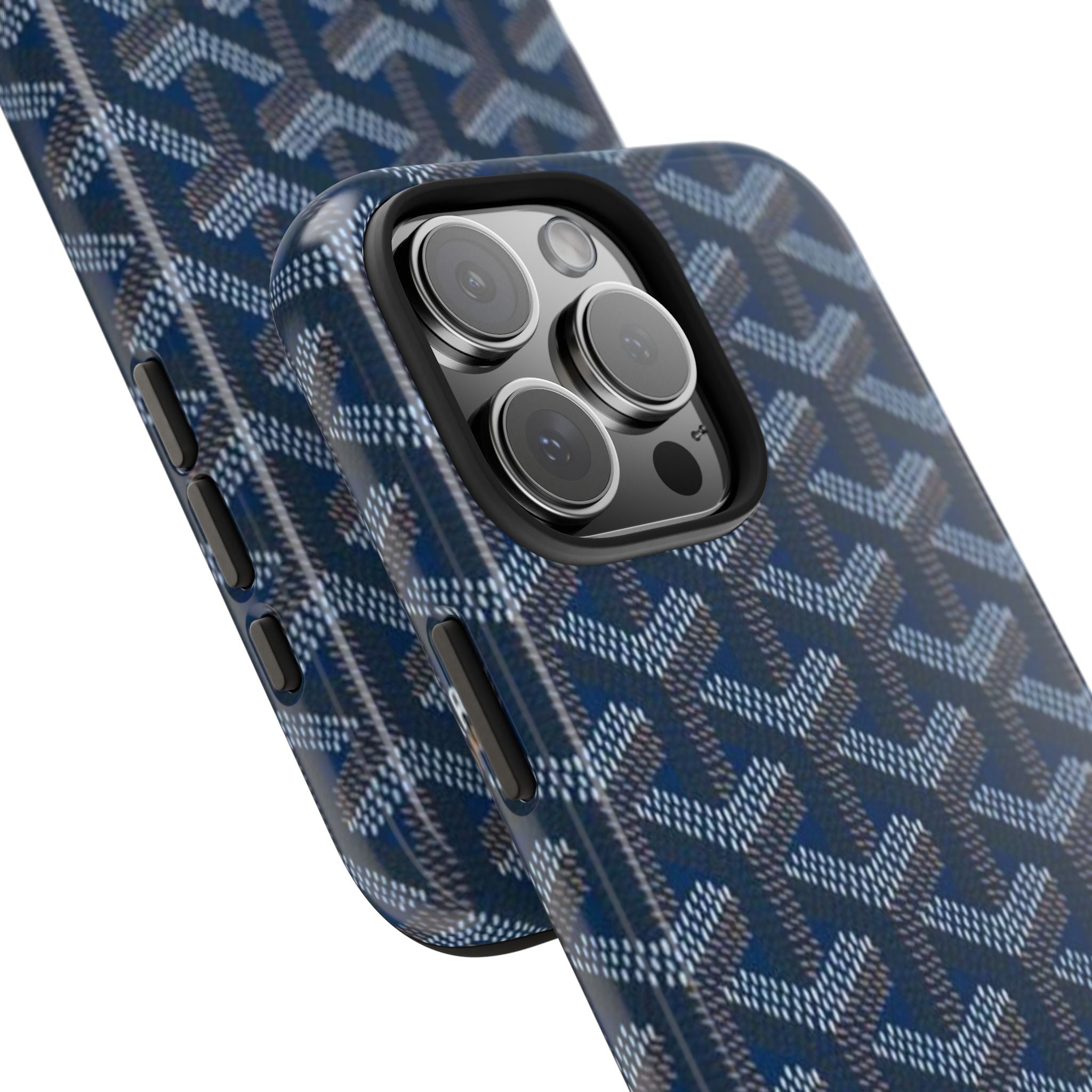 Phone case steel blue with Goyard-style pattern, side button cutouts and camera lenses