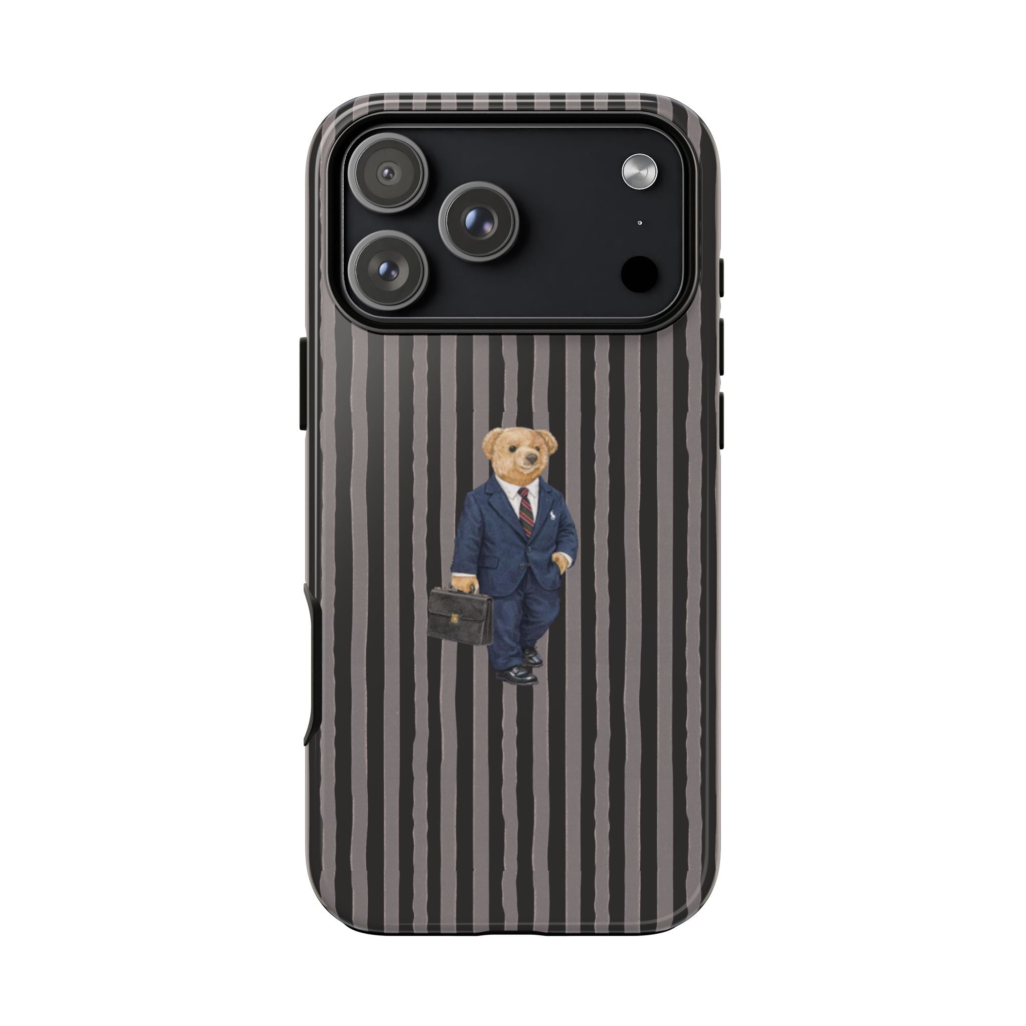 Vertical stripe phone case with teddy bear in blue suit holding briefcase