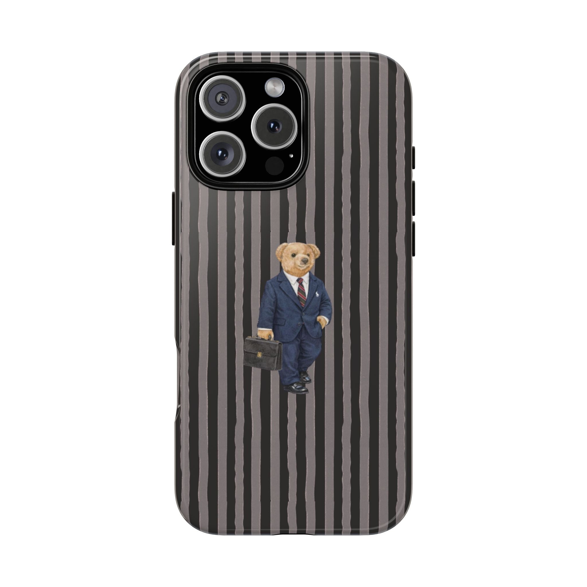 Back view: vertical stripe phone case with teddy bear in blue suit