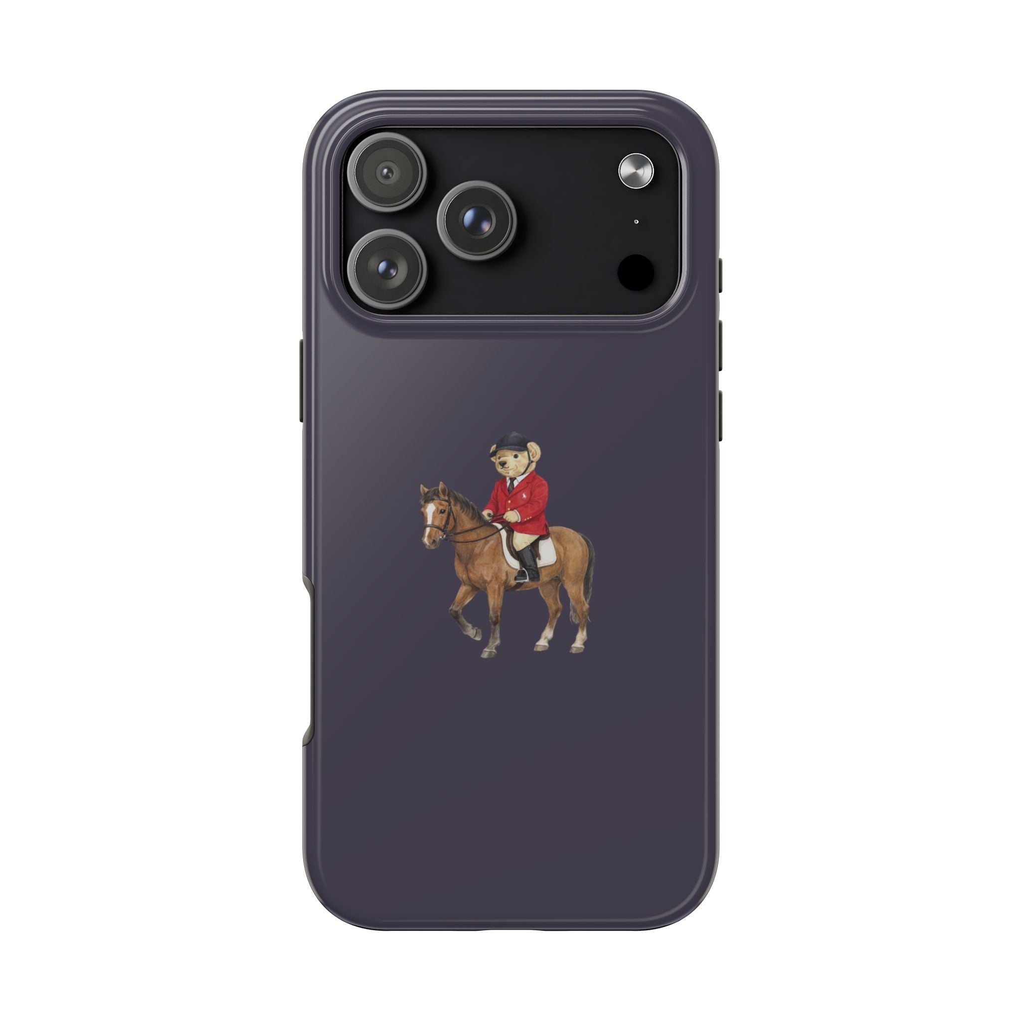 Storm blue phone case with teddy bear rider on horse, back view and camera cutouts