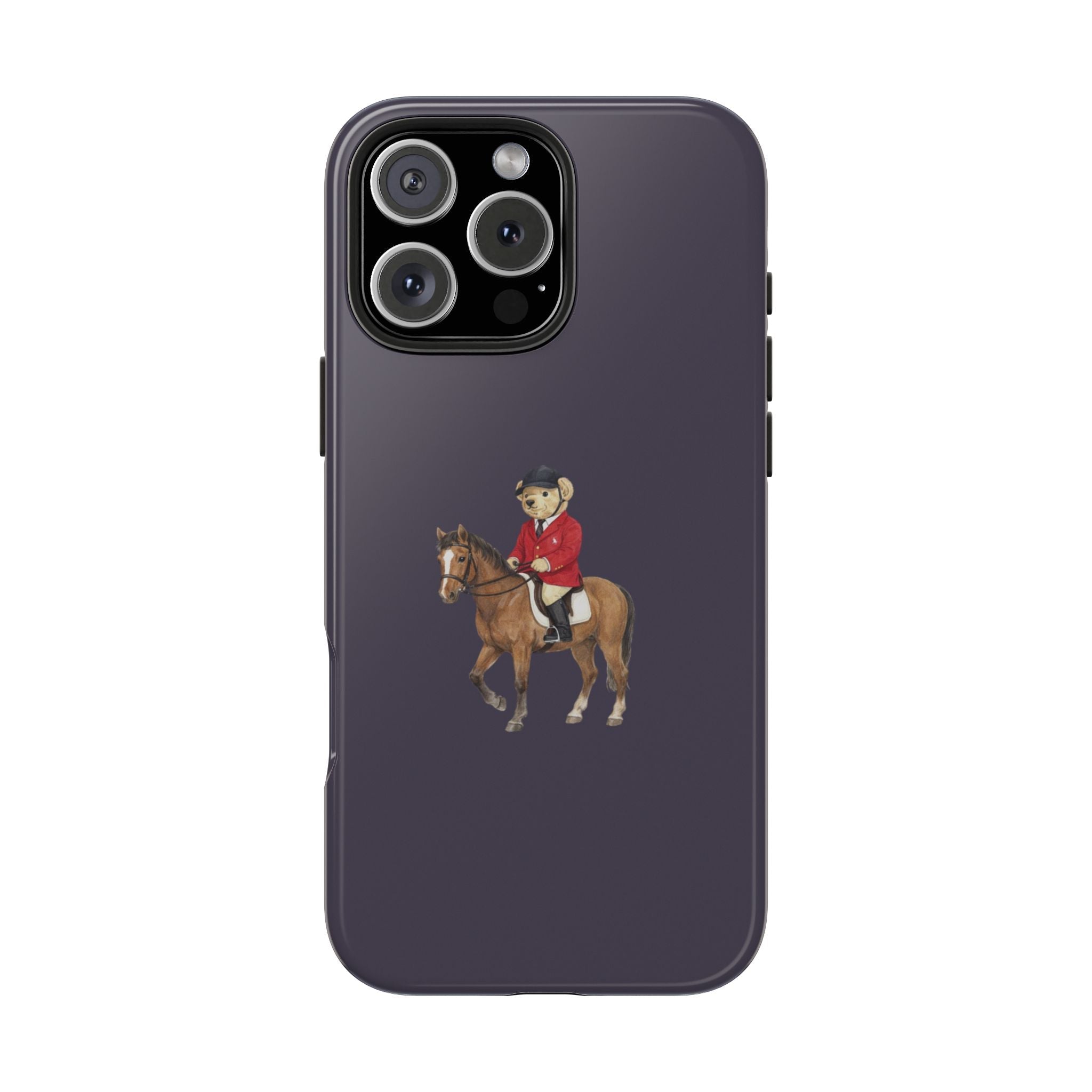Storm blue phone case featuring teddy bear rider on horse, centered on back panel