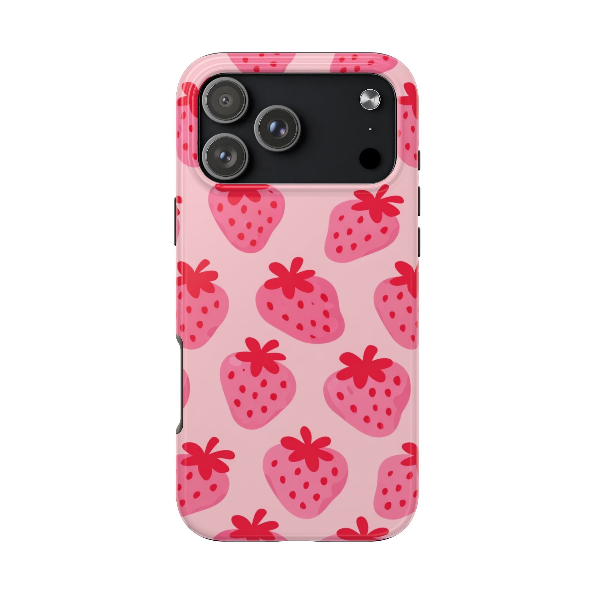 Strawberries phone case, pink with red strawberry pattern; glossy finish